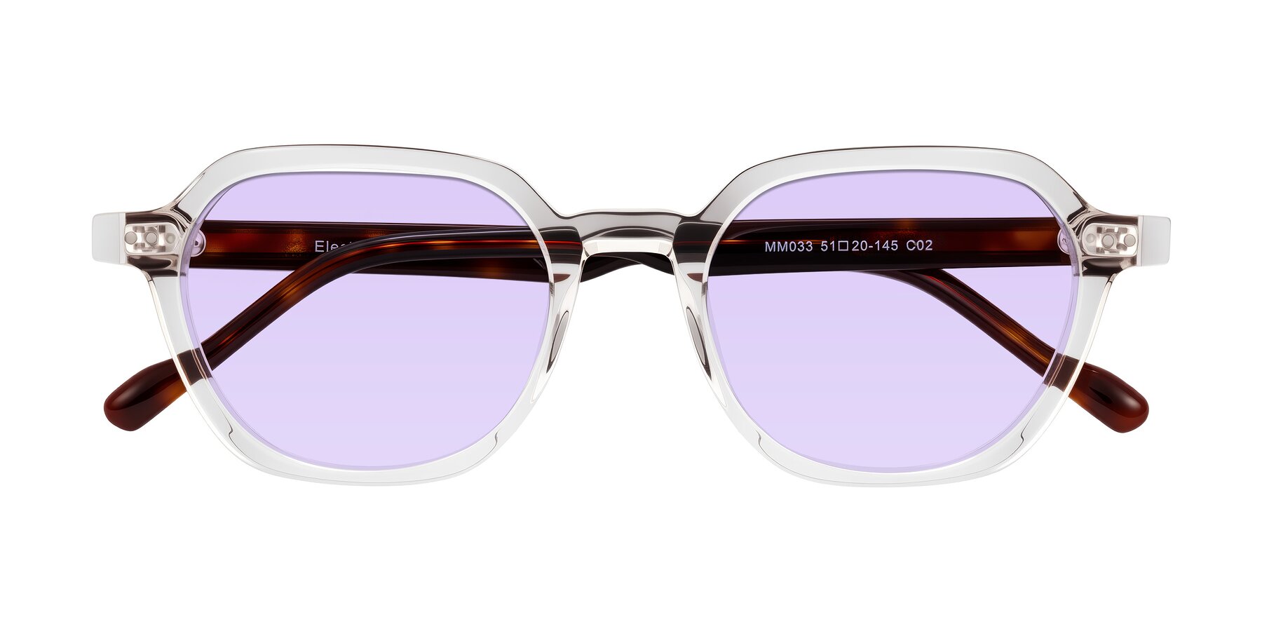 Folded Front of Electra in Clear/Tortoise with Light Purple Tinted Lenses