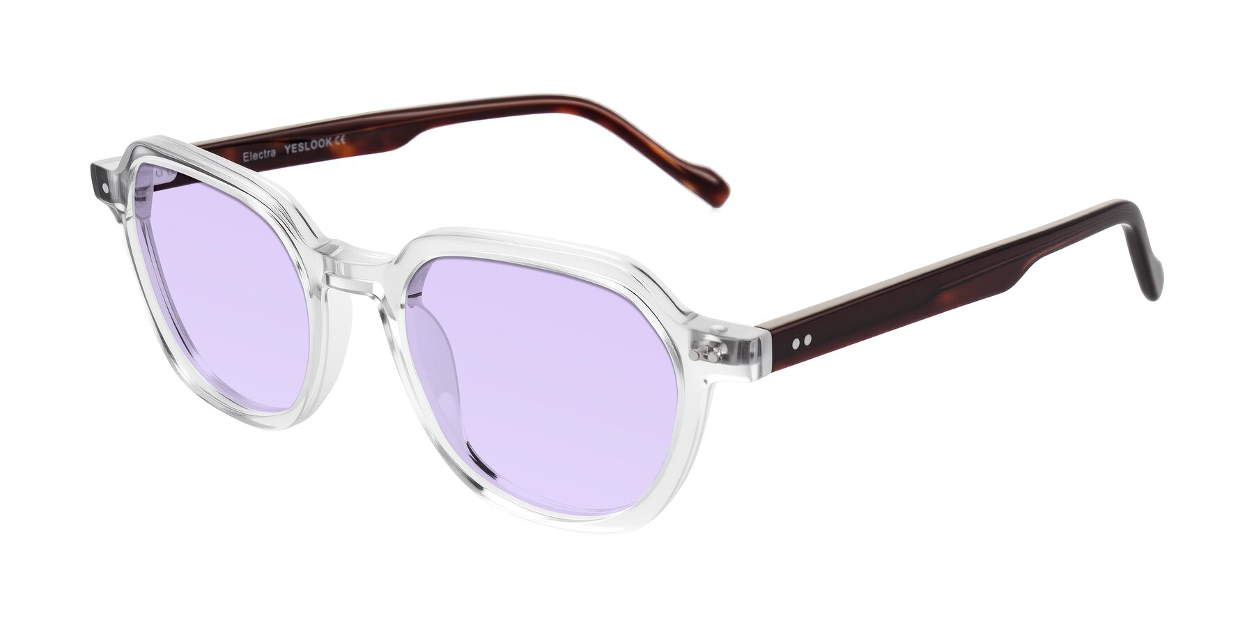 Angle of Electra in Clear/Tortoise with Light Purple Tinted Lenses