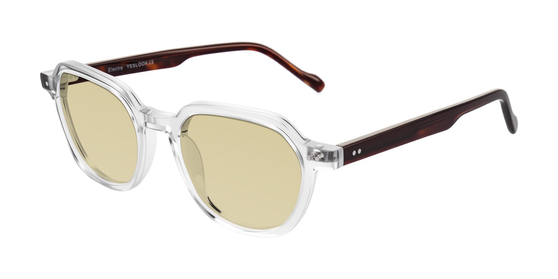 Angle of Electra in Clear/Tortoise with Light Champagne Tinted Lenses