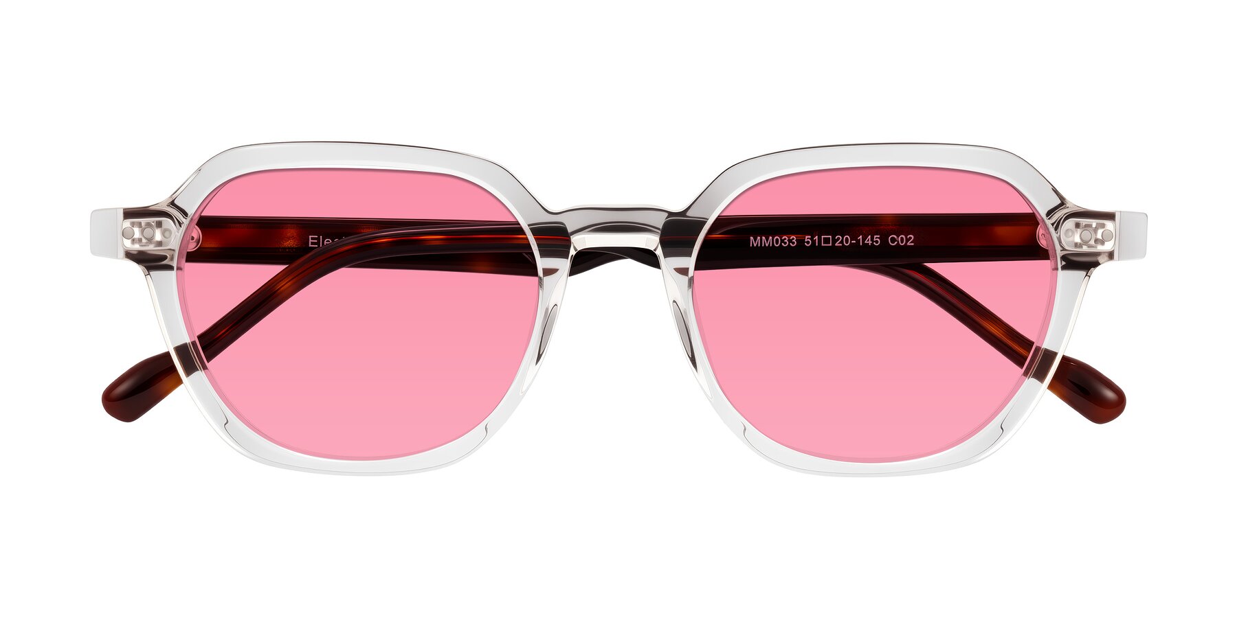 Folded Front of Electra in Clear/Tortoise with Pink Tinted Lenses