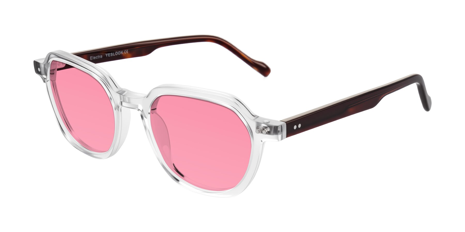 Angle of Electra in Clear/Tortoise with Pink Tinted Lenses