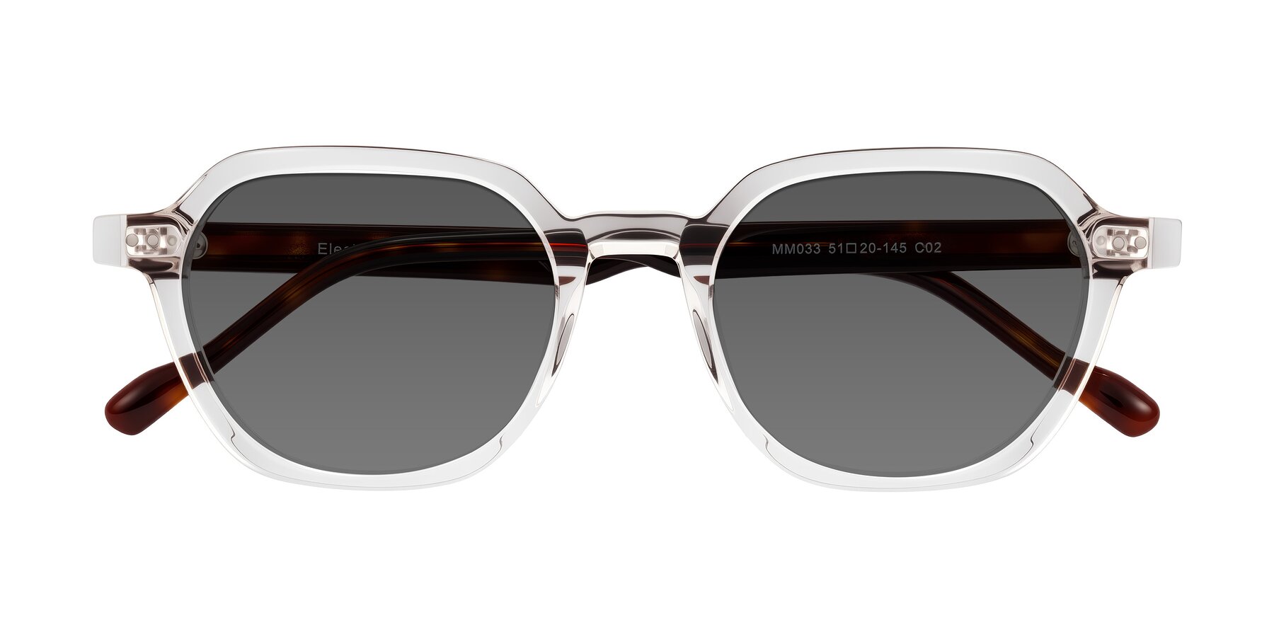 Folded Front of Electra in Clear/Tortoise with Medium Gray Tinted Lenses