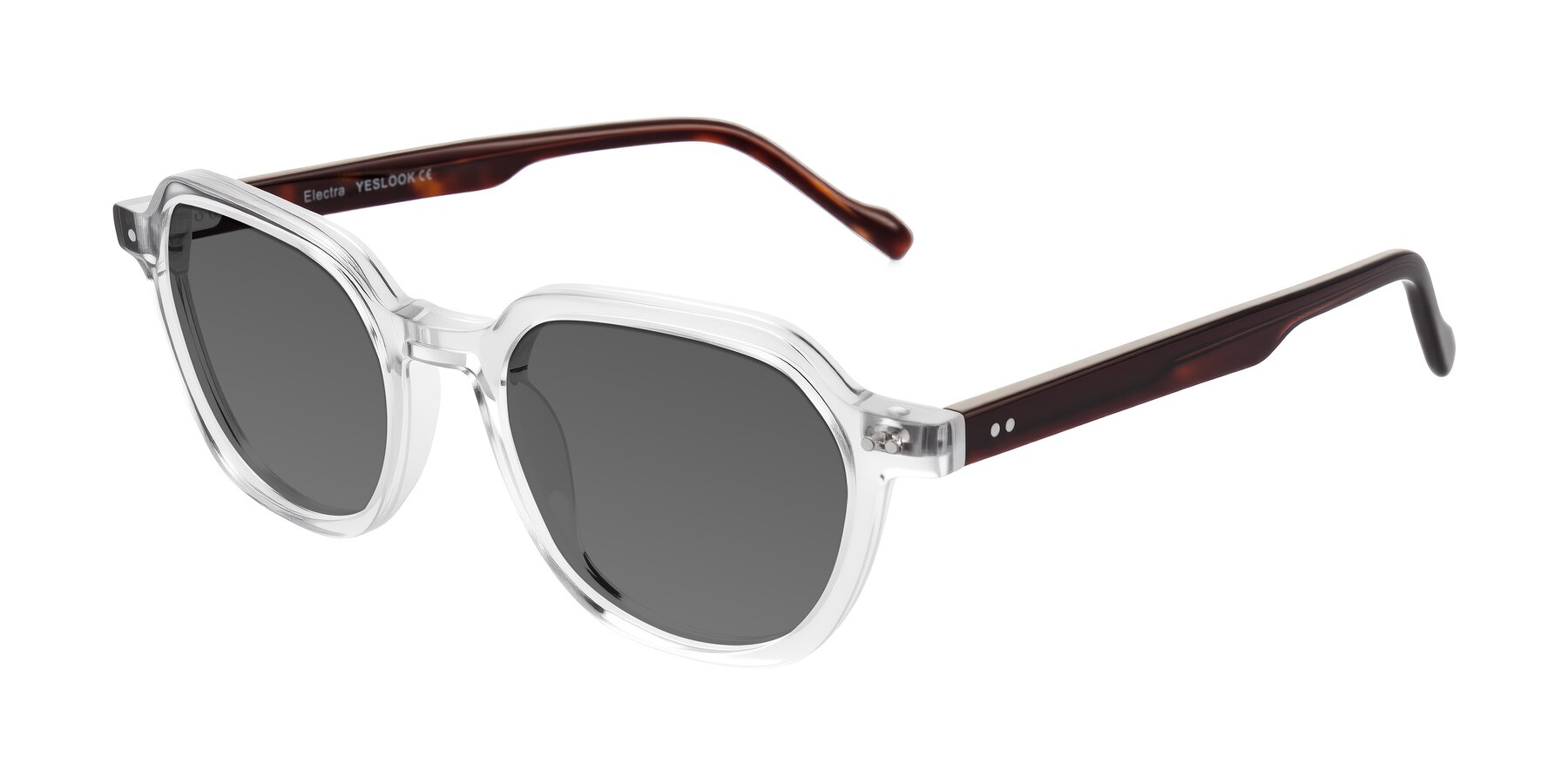 Angle of Electra in Clear/Tortoise with Medium Gray Tinted Lenses