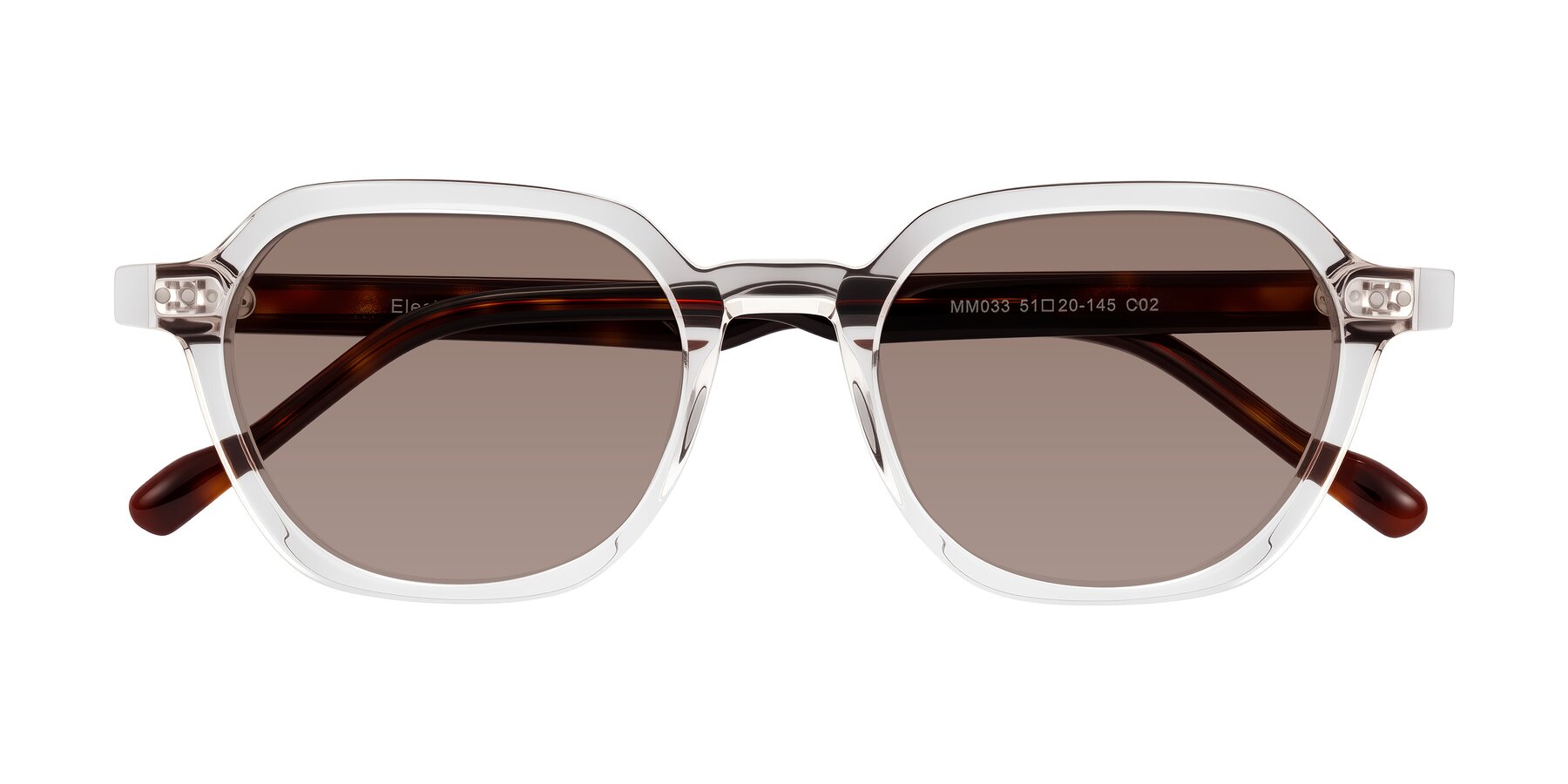 Folded Front of Electra in Clear/Tortoise with Medium Brown Tinted Lenses
