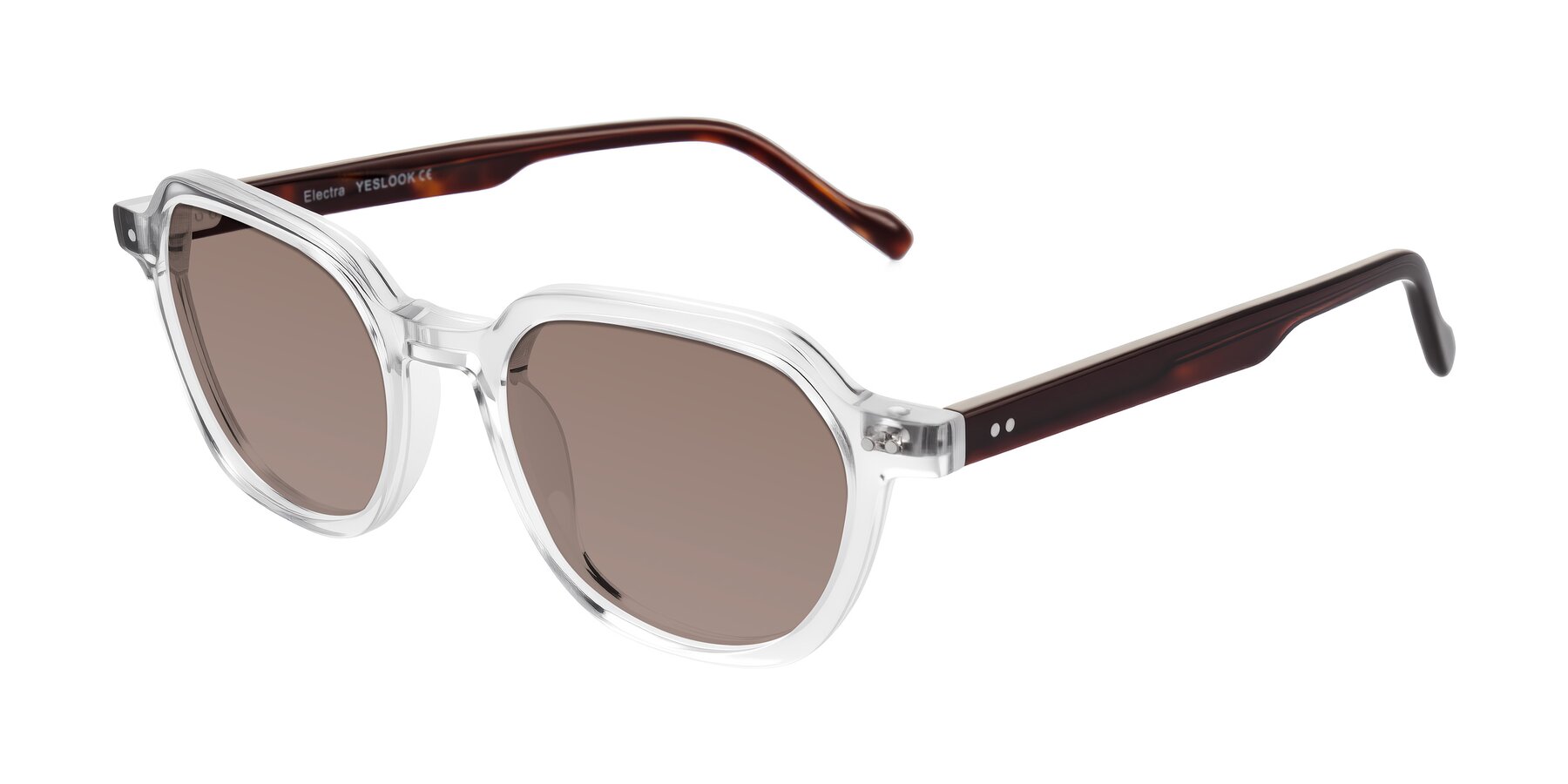 Angle of Electra in Clear/Tortoise with Medium Brown Tinted Lenses