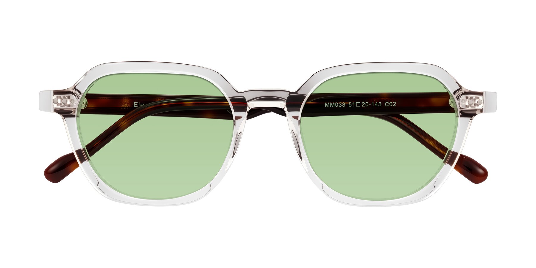 Folded Front of Electra in Clear/Tortoise with Medium Green Tinted Lenses