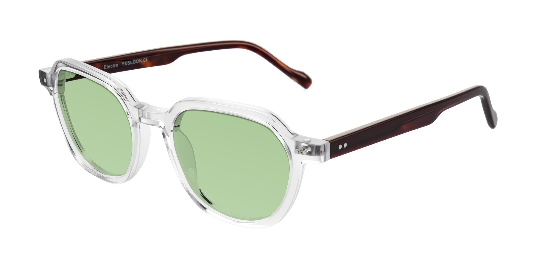 Angle of Electra in Clear/Tortoise with Medium Green Tinted Lenses
