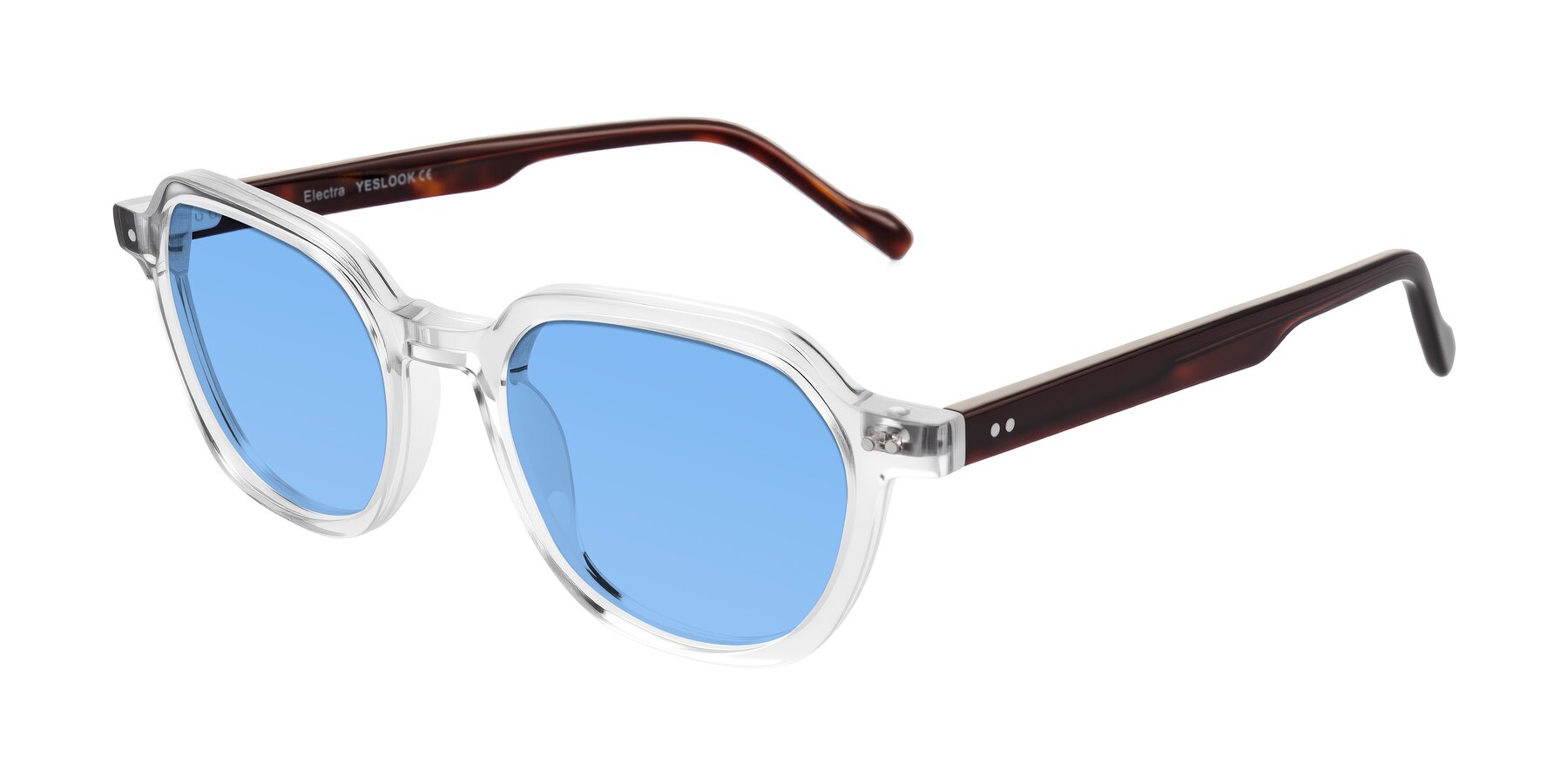 Angle of Electra in Clear/Tortoise with Medium Blue Tinted Lenses
