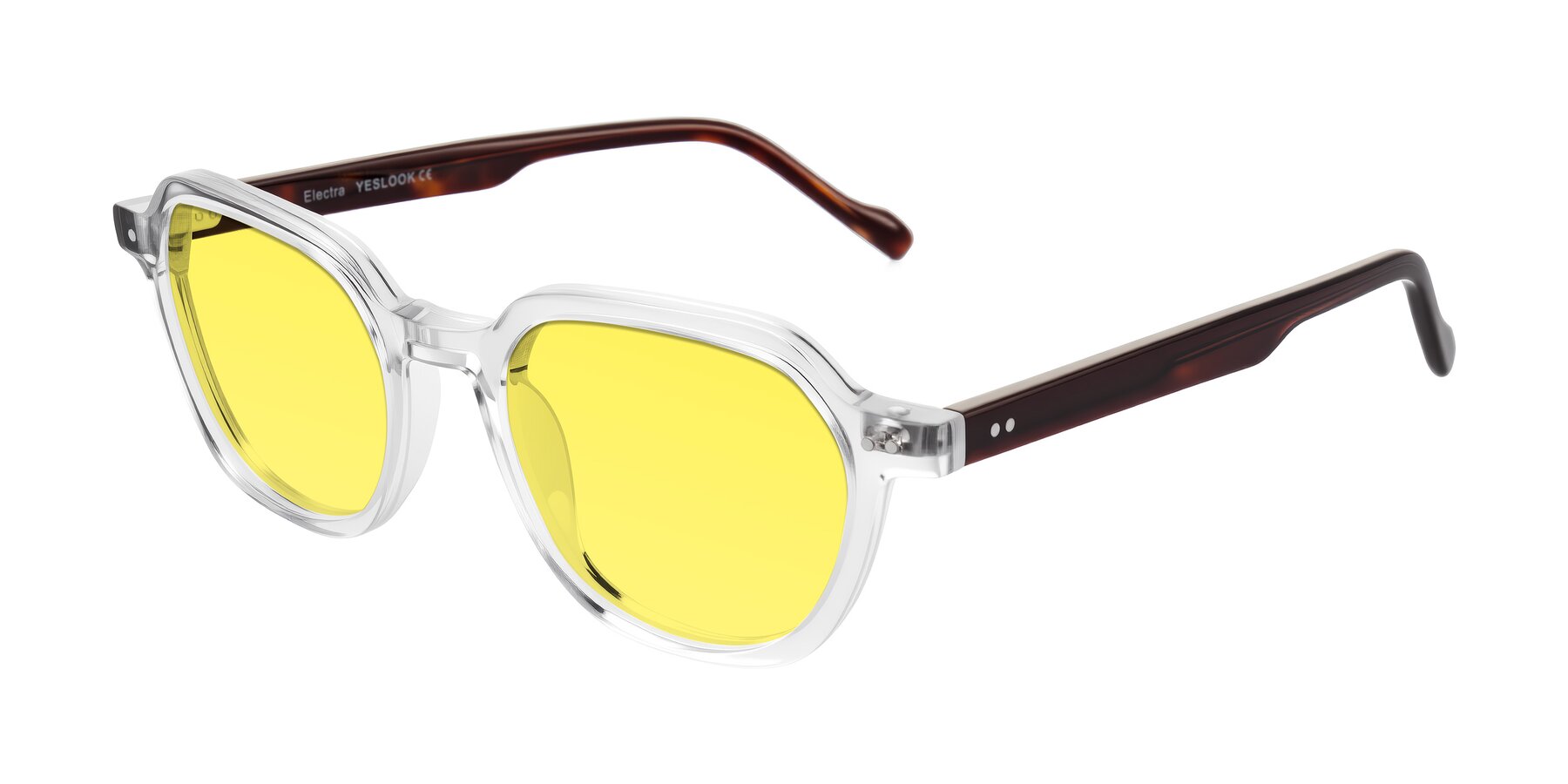 Angle of Electra in Clear/Tortoise with Medium Yellow Tinted Lenses