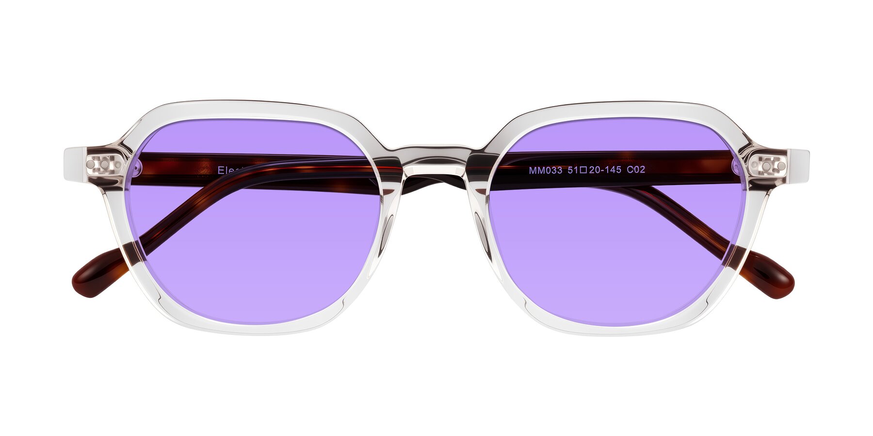 Folded Front of Electra in Clear/Tortoise with Medium Purple Tinted Lenses
