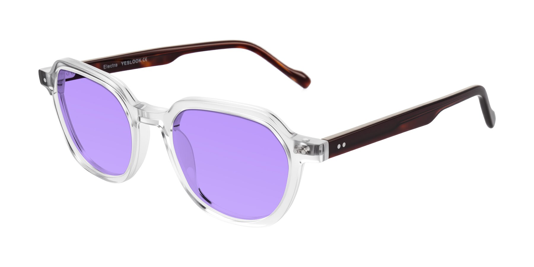 Angle of Electra in Clear/Tortoise with Medium Purple Tinted Lenses