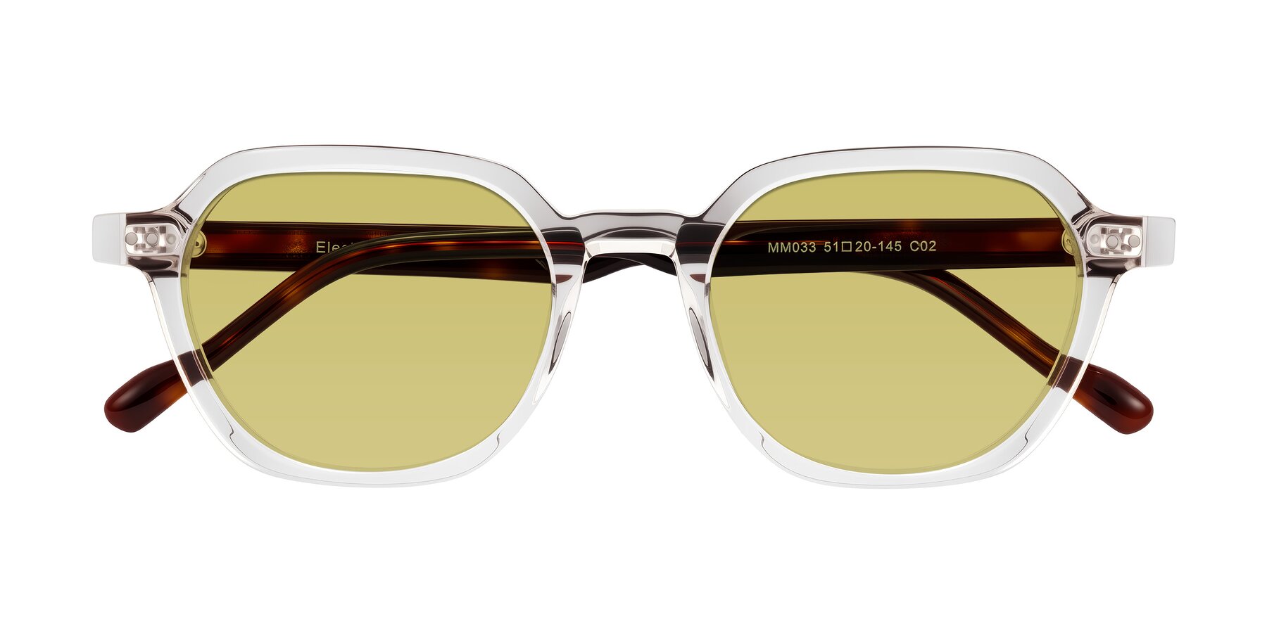 Folded Front of Electra in Clear/Tortoise with Medium Champagne Tinted Lenses