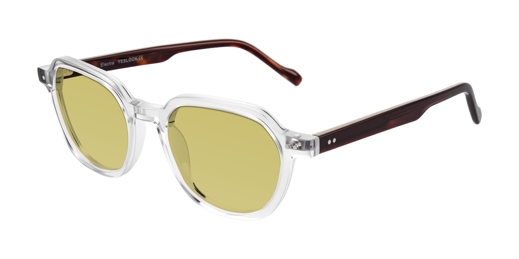 Angle of Electra in Clear/Tortoise with Medium Champagne Tinted Lenses