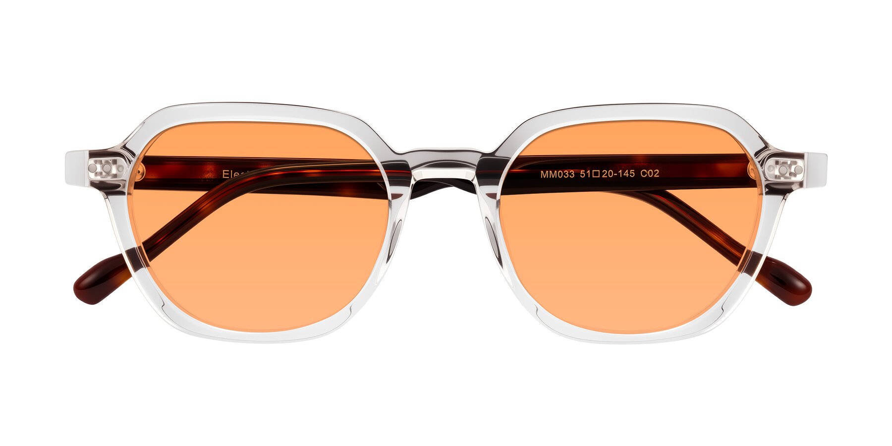 Folded Front of Electra in Clear/Tortoise with Medium Orange Tinted Lenses