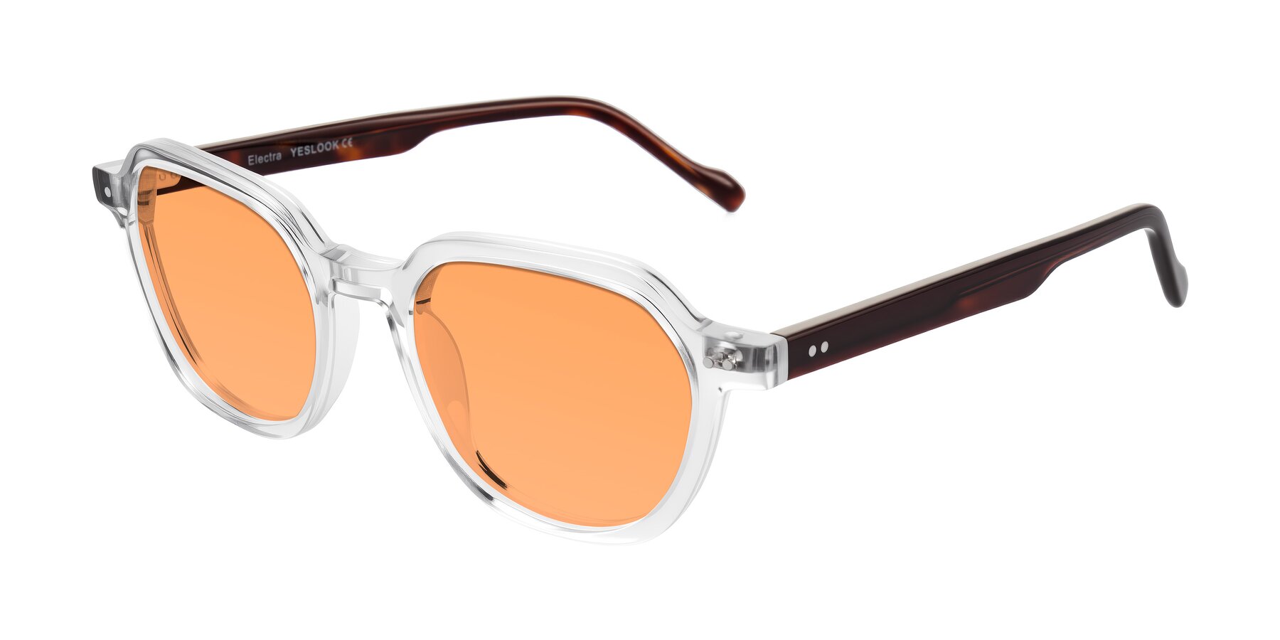 Angle of Electra in Clear/Tortoise with Medium Orange Tinted Lenses