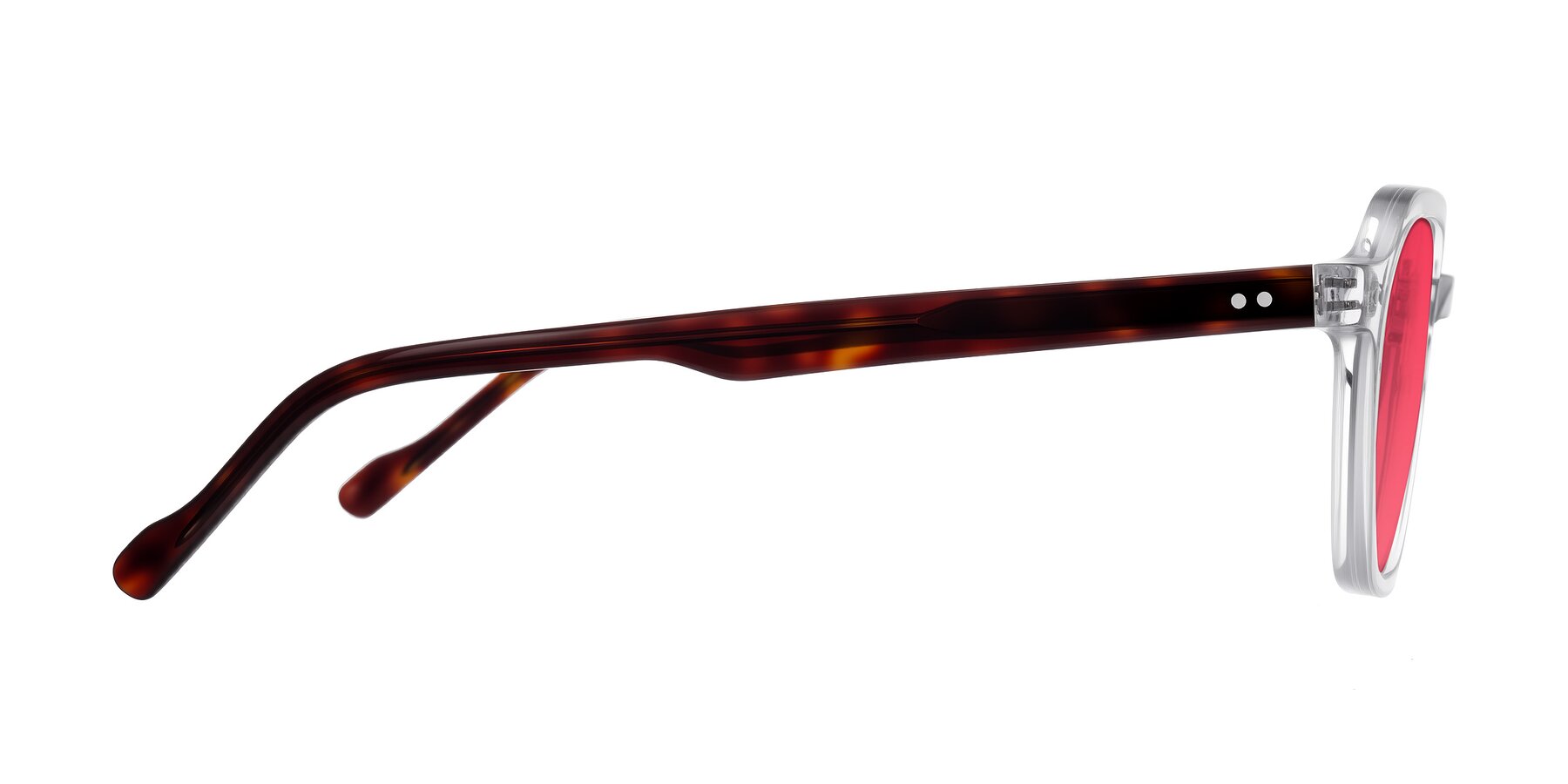 Side of Electra in Clear/Tortoise with Red Tinted Lenses