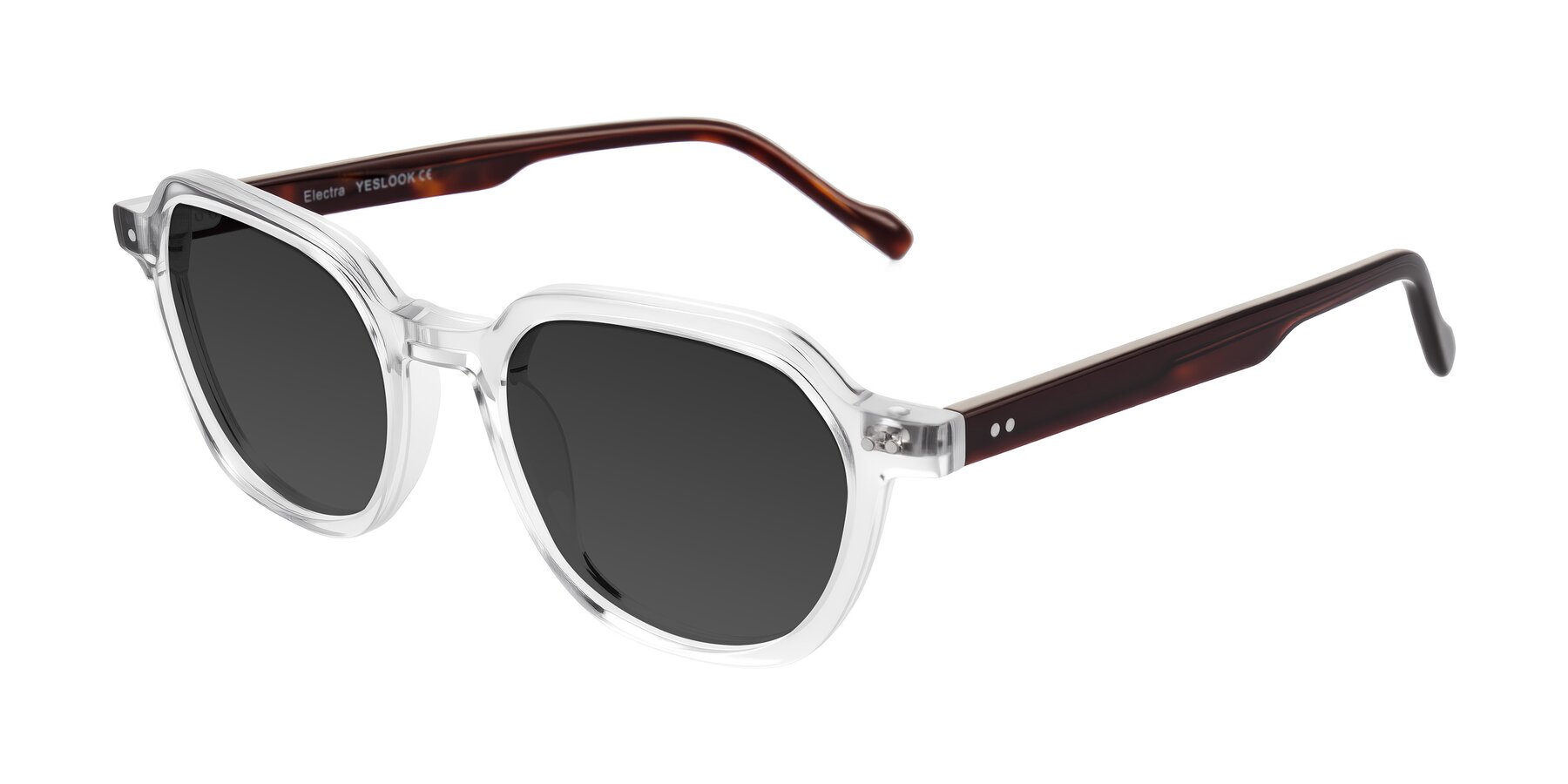 Angle of Electra in Clear/Tortoise with Gray Tinted Lenses