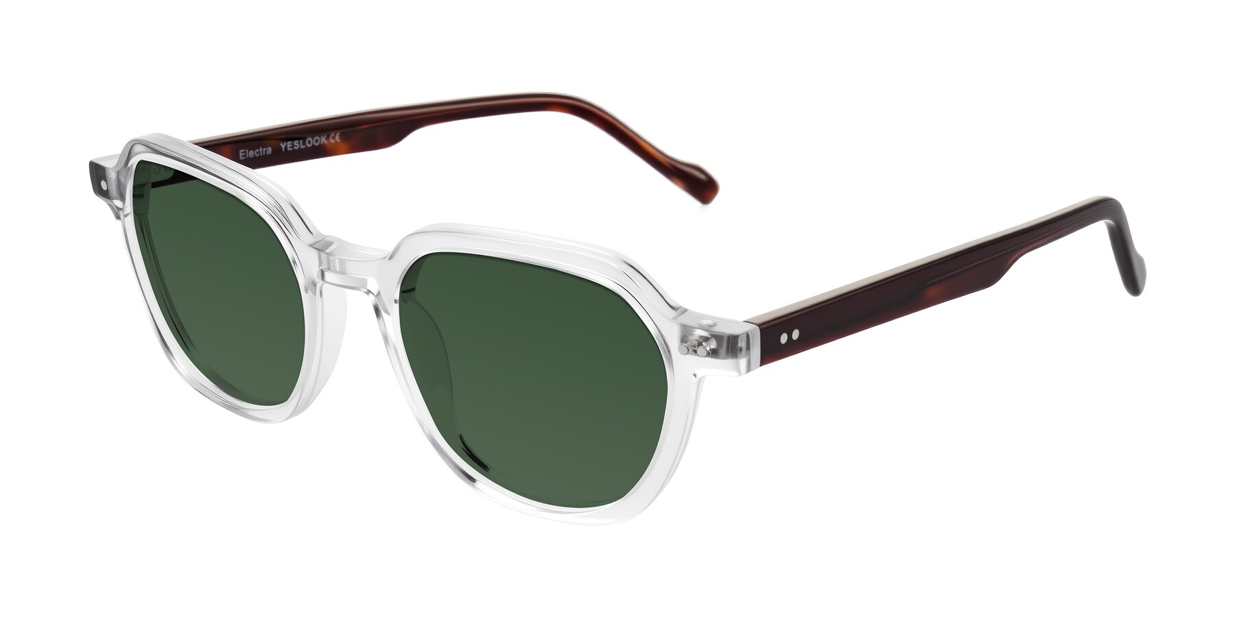 Angle of Electra in Clear/Tortoise with Green Tinted Lenses