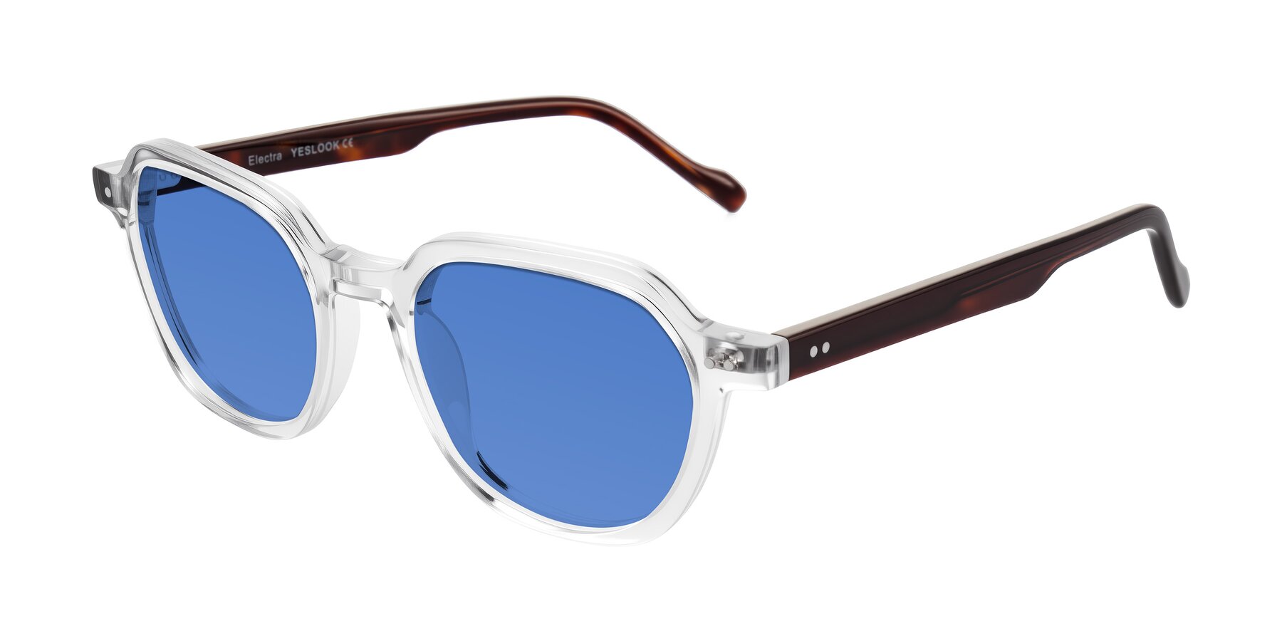 Angle of Electra in Clear/Tortoise with Blue Tinted Lenses