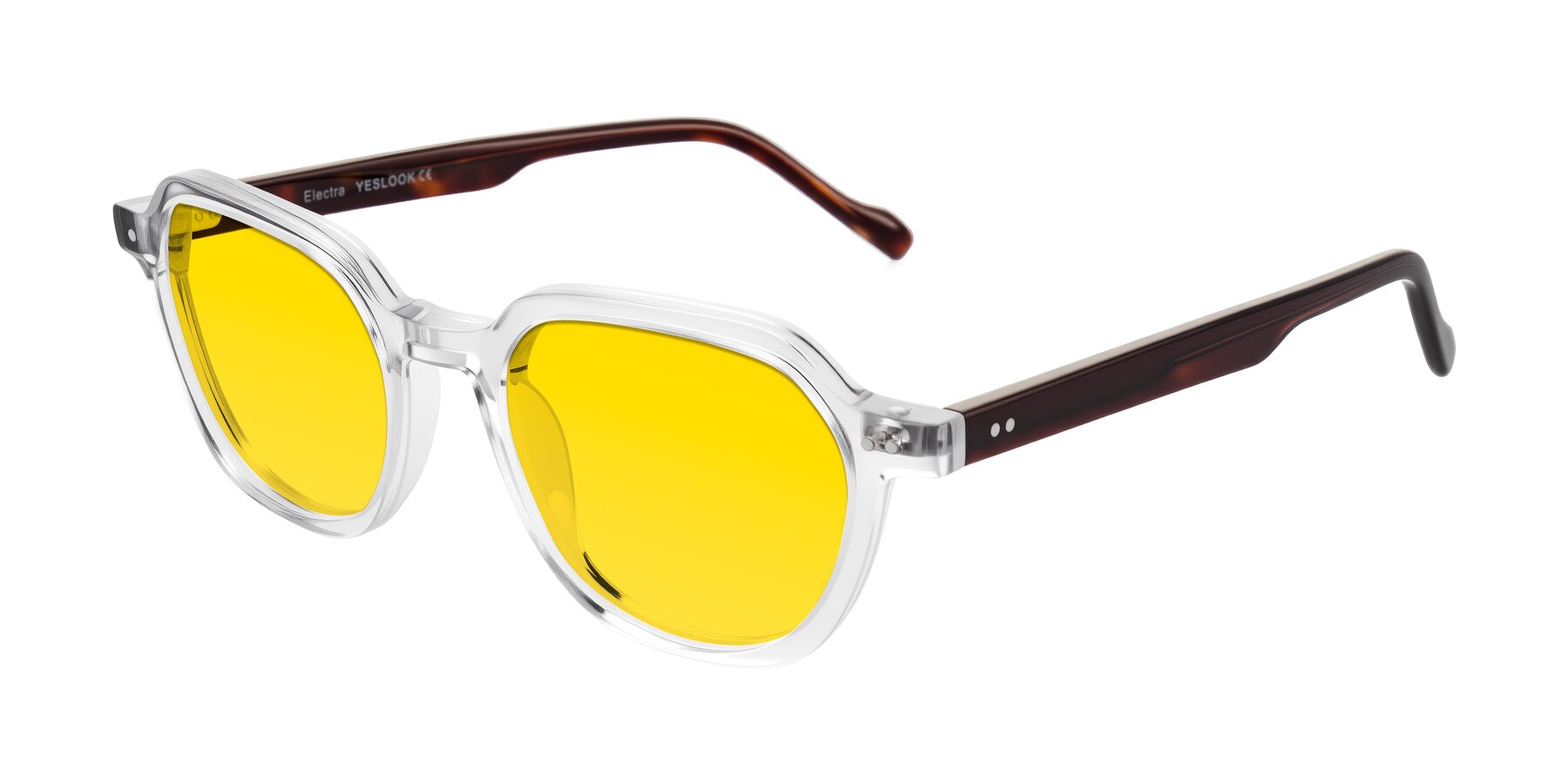 Angle of Electra in Clear/Tortoise with Yellow Tinted Lenses
