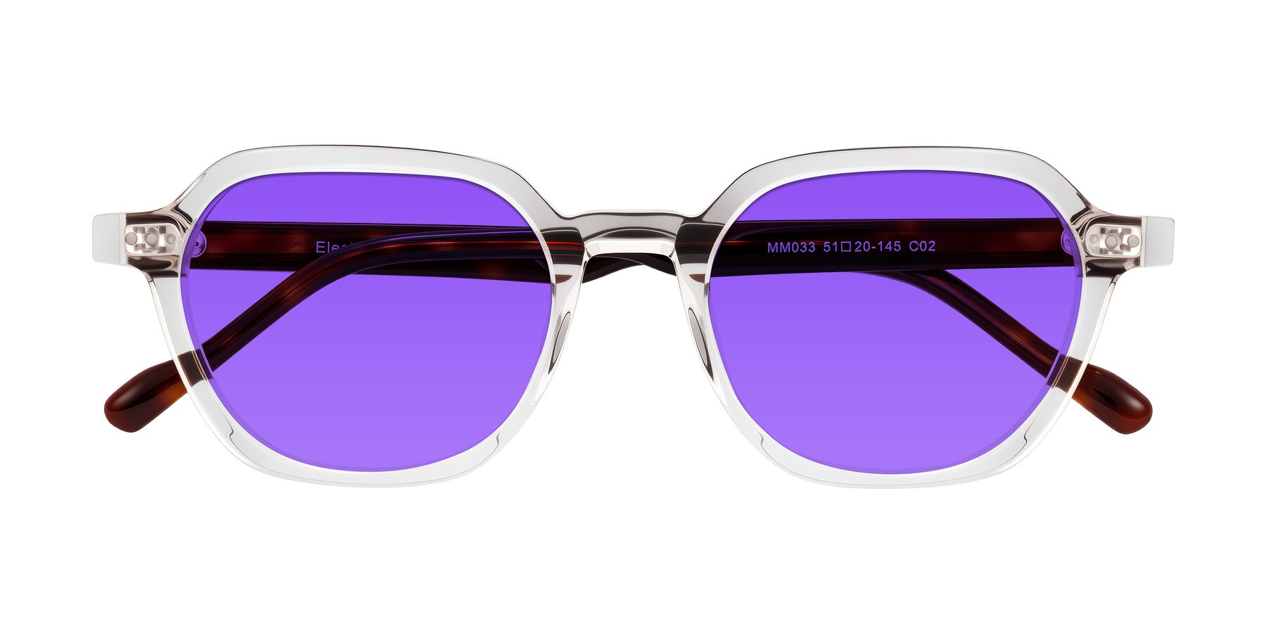 Folded Front of Electra in Clear/Tortoise with Purple Tinted Lenses