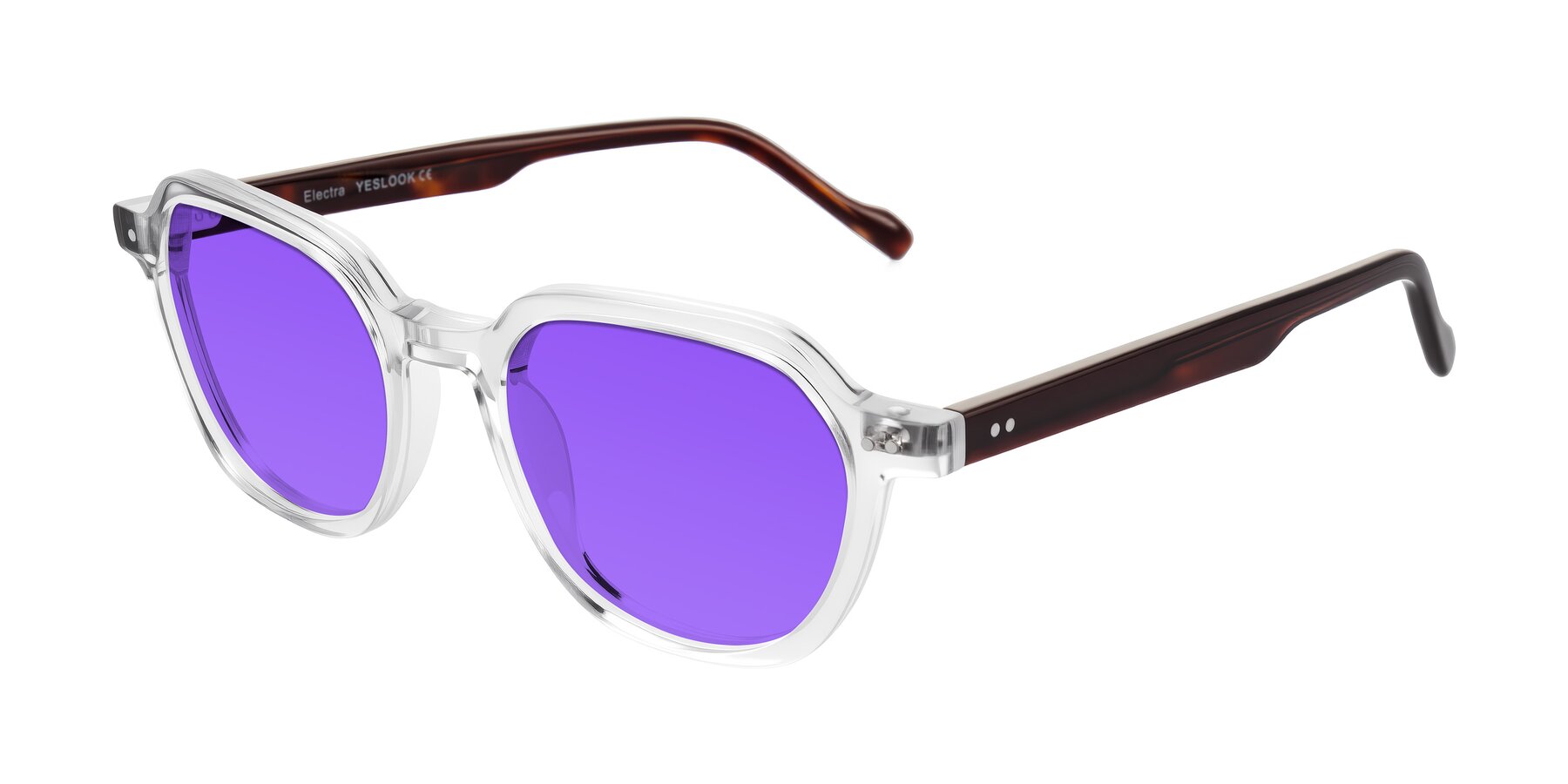 Angle of Electra in Clear/Tortoise with Purple Tinted Lenses