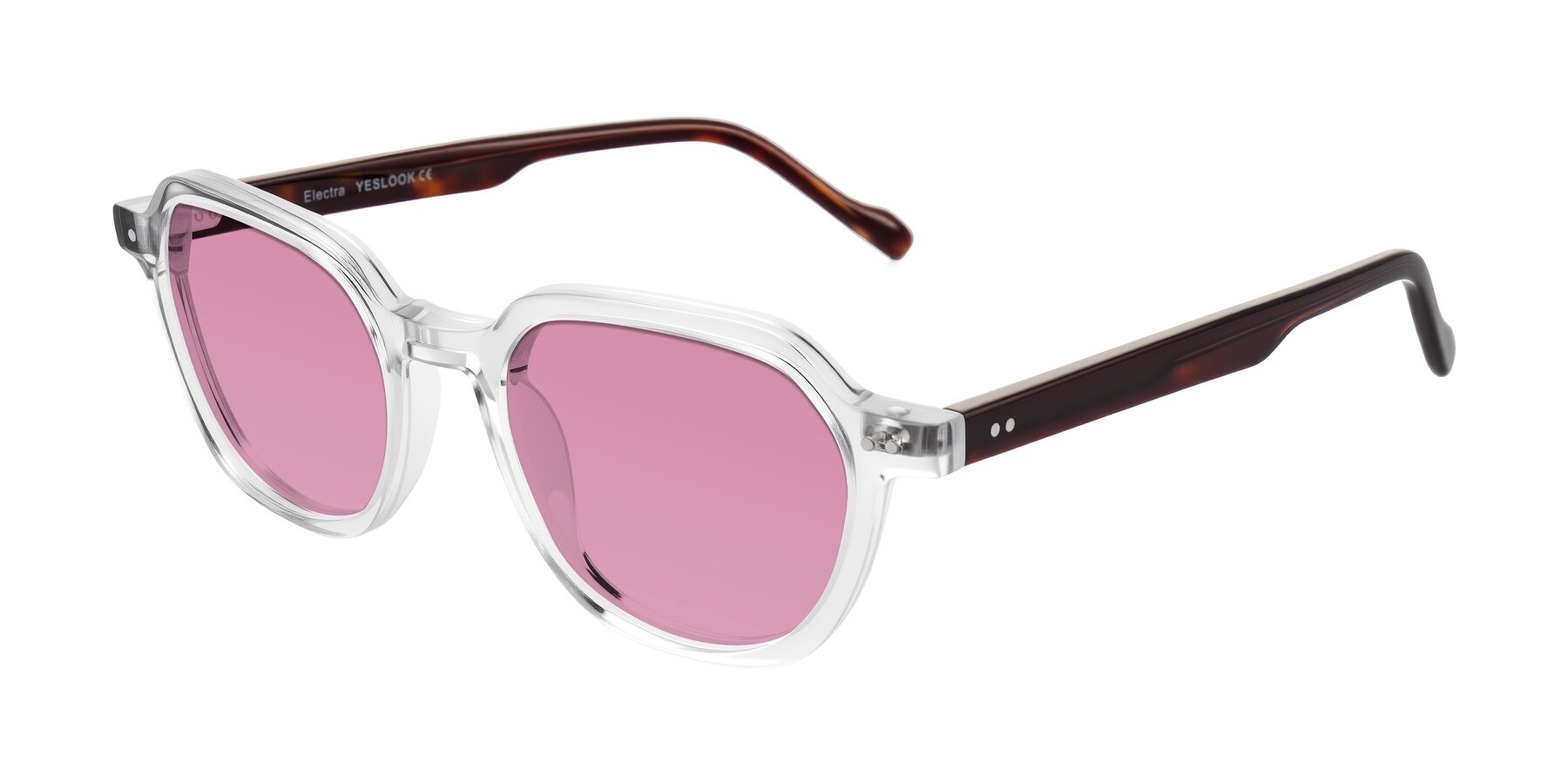 Angle of Electra in Clear/Tortoise with Medium Wine Tinted Lenses