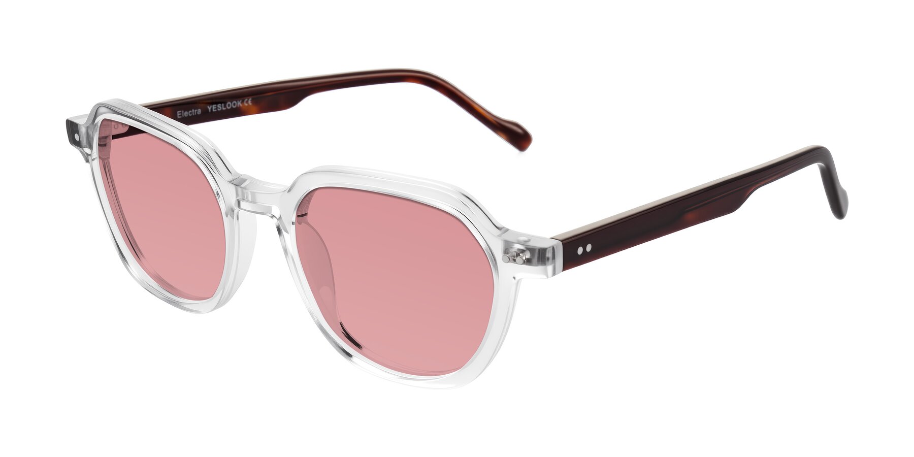 Angle of Electra in Clear/Tortoise with Medium Garnet Tinted Lenses