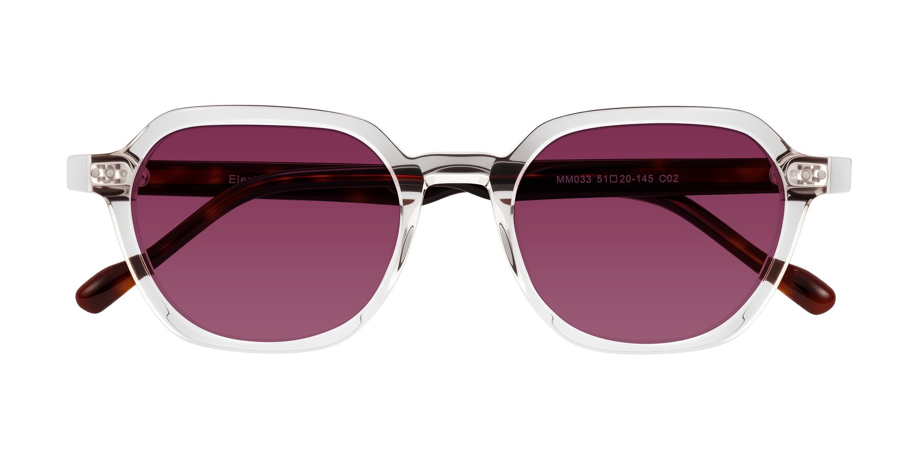 Folded Front of Electra in Clear/Tortoise with Wine Tinted Lenses