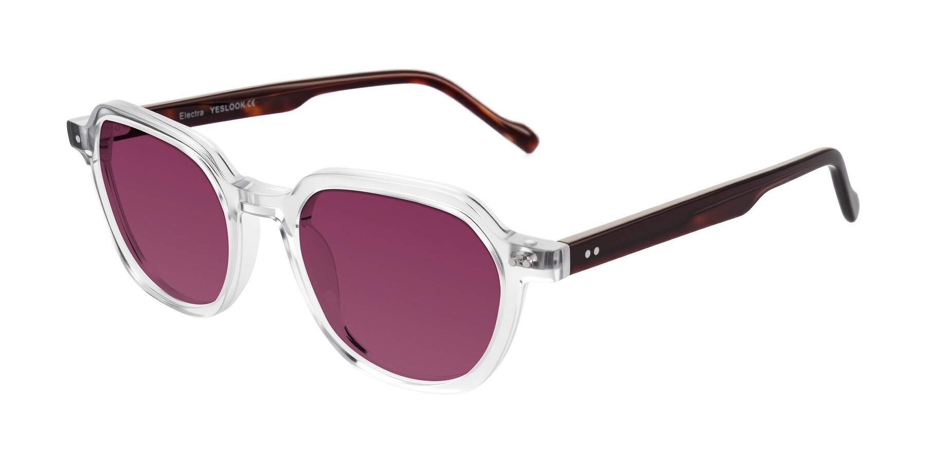 Angle of Electra in Clear/Tortoise with Wine Tinted Lenses