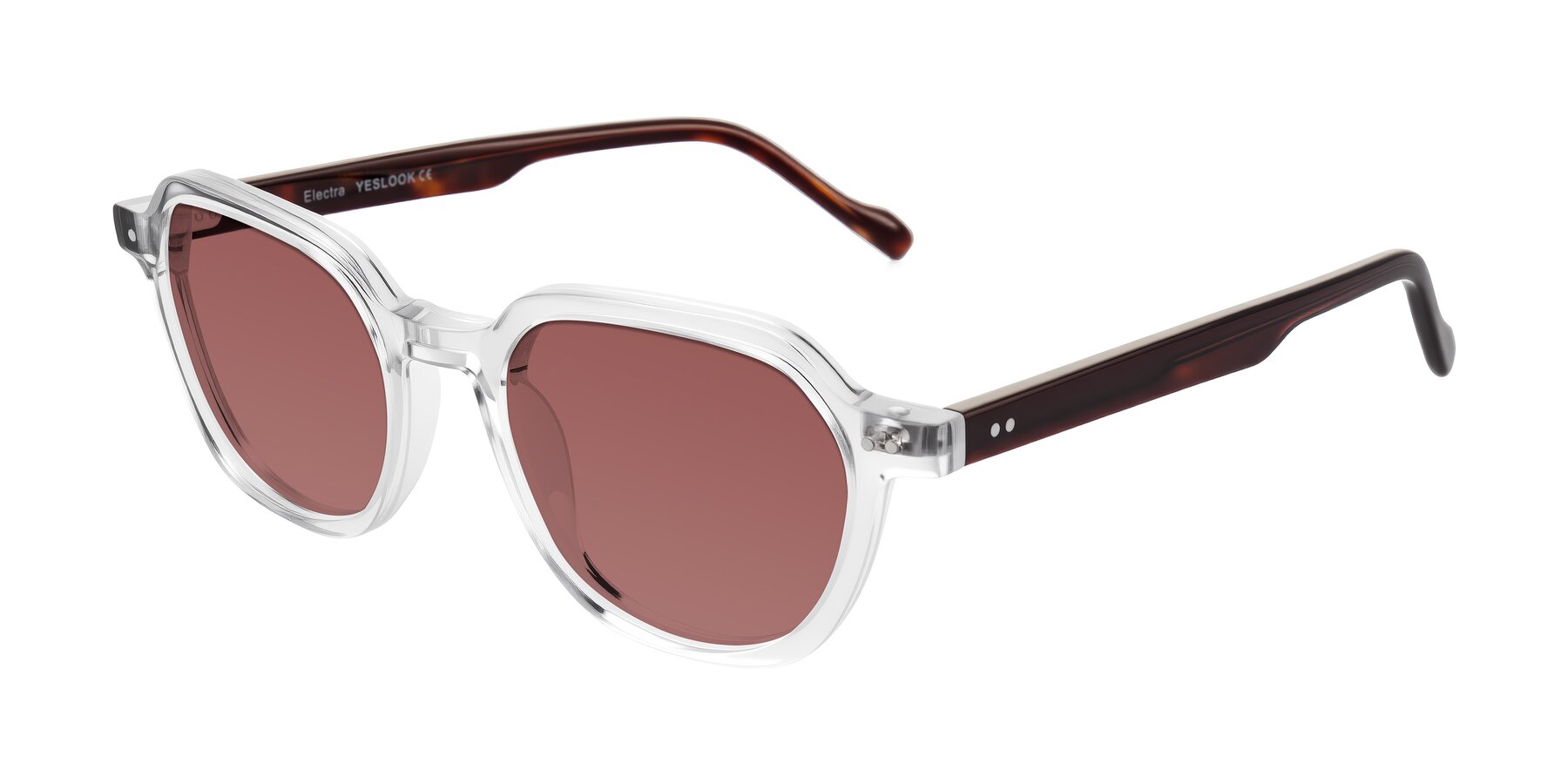 Angle of Electra in Clear/Tortoise with Garnet Tinted Lenses