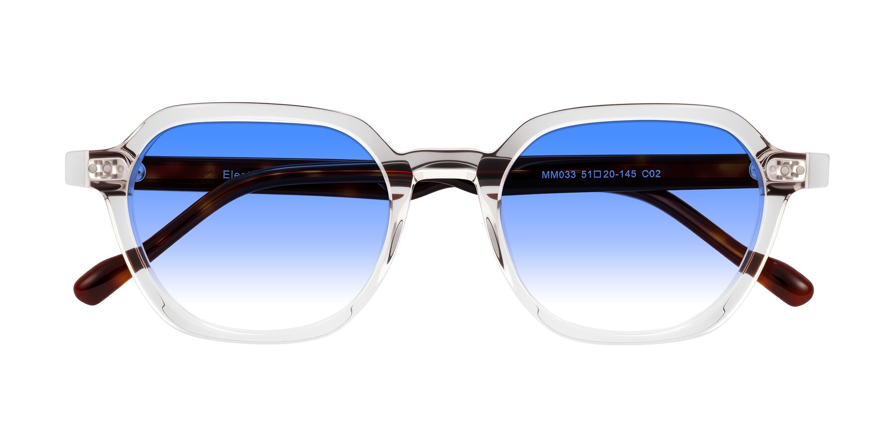 Folded Front of Electra in Clear/Tortoise with Blue Gradient Lenses