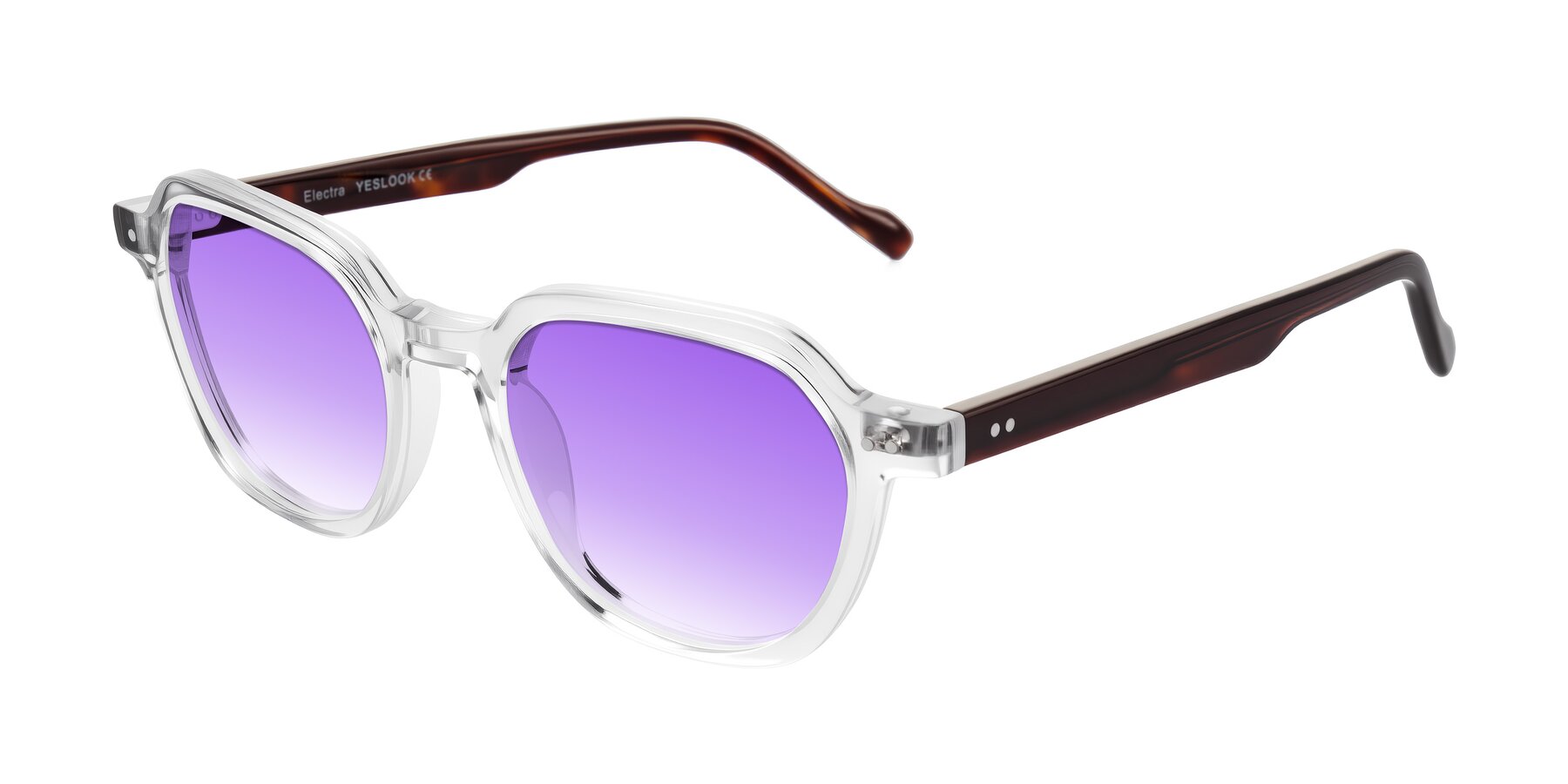Angle of Electra in Clear/Tortoise with Purple Gradient Lenses