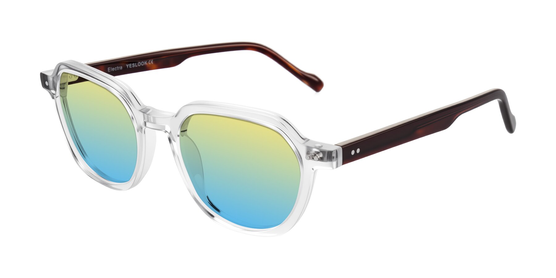 Angle of Electra in Clear/Tortoise with Yellow / Blue Gradient Lenses