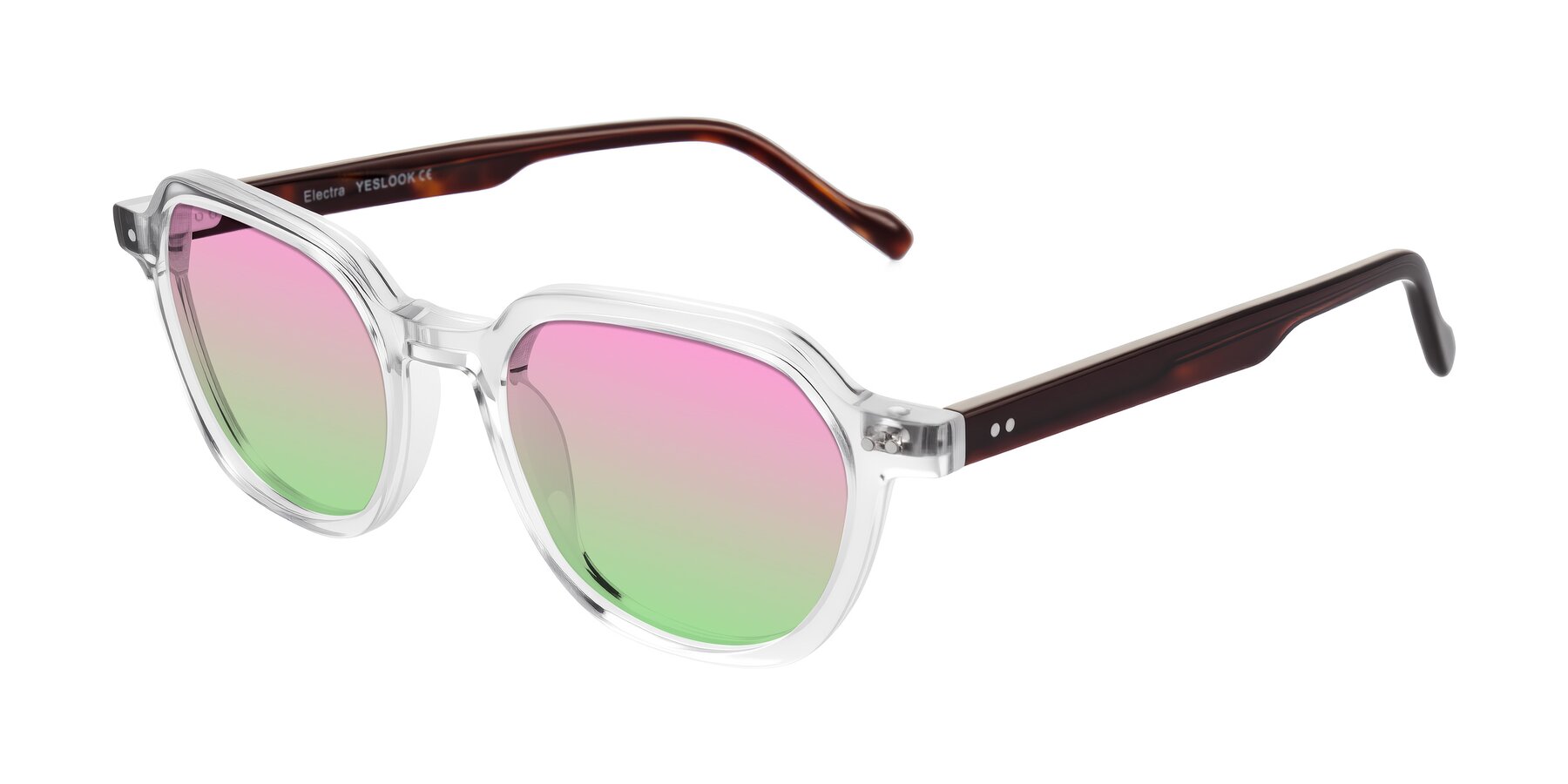 Angle of Electra in Clear/Tortoise with Pink / Green Gradient Lenses