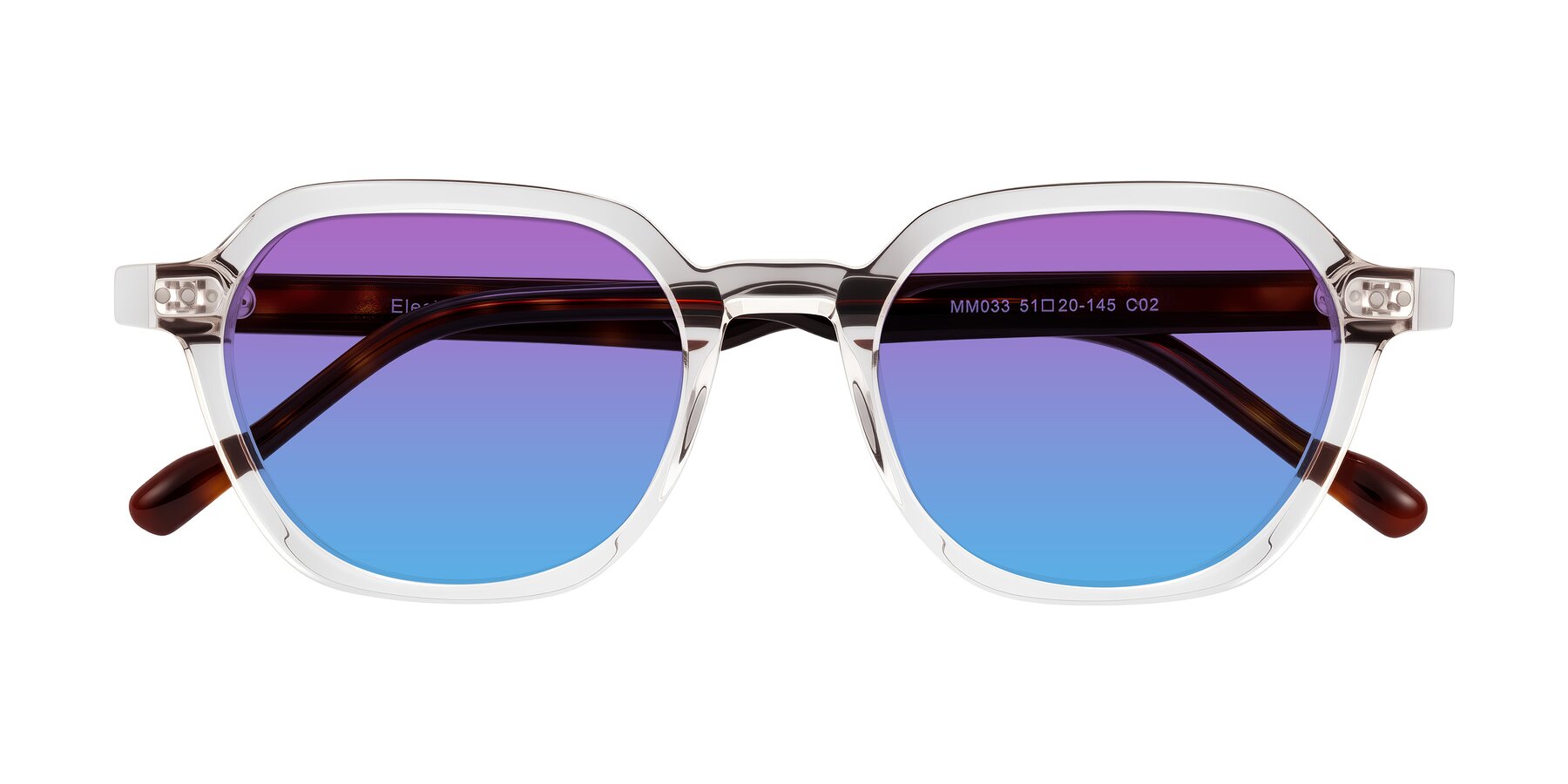 Folded Front of Electra in Clear/Tortoise with Purple / Blue Gradient Lenses