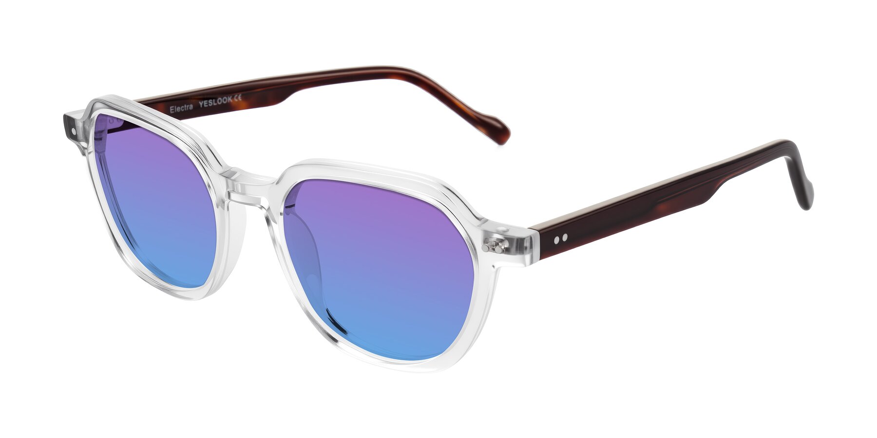 Angle of Electra in Clear/Tortoise with Purple / Blue Gradient Lenses