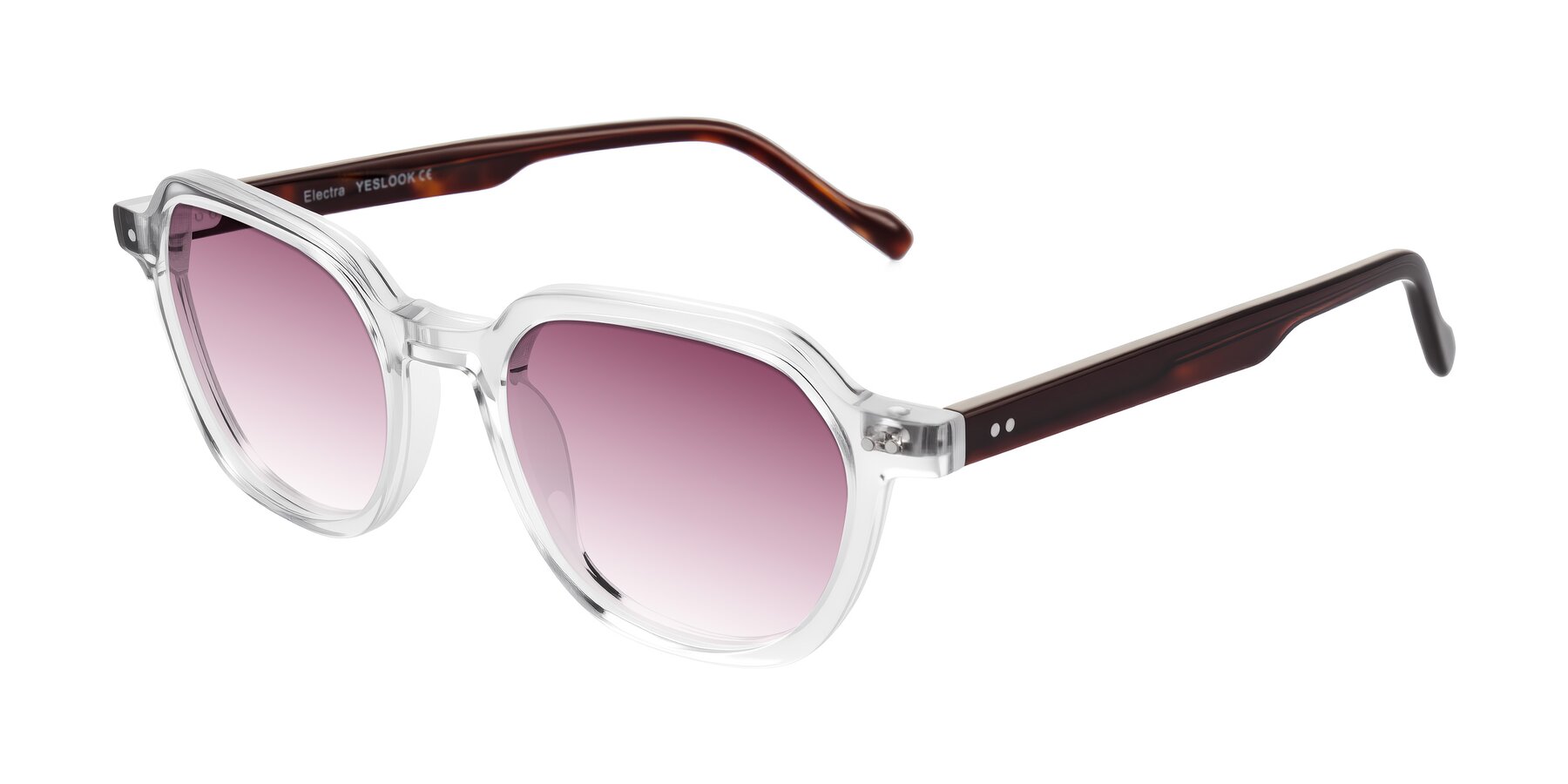 Angle of Electra in Clear/Tortoise with Wine Gradient Lenses