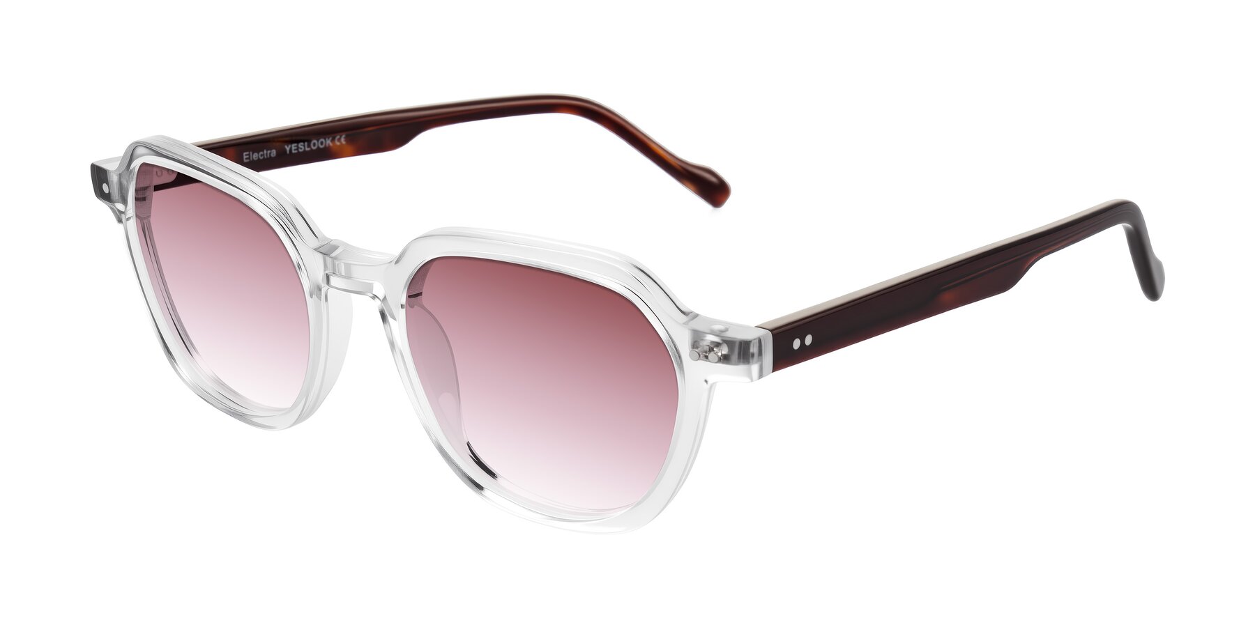 Angle of Electra in Clear/Tortoise with Garnet Gradient Lenses