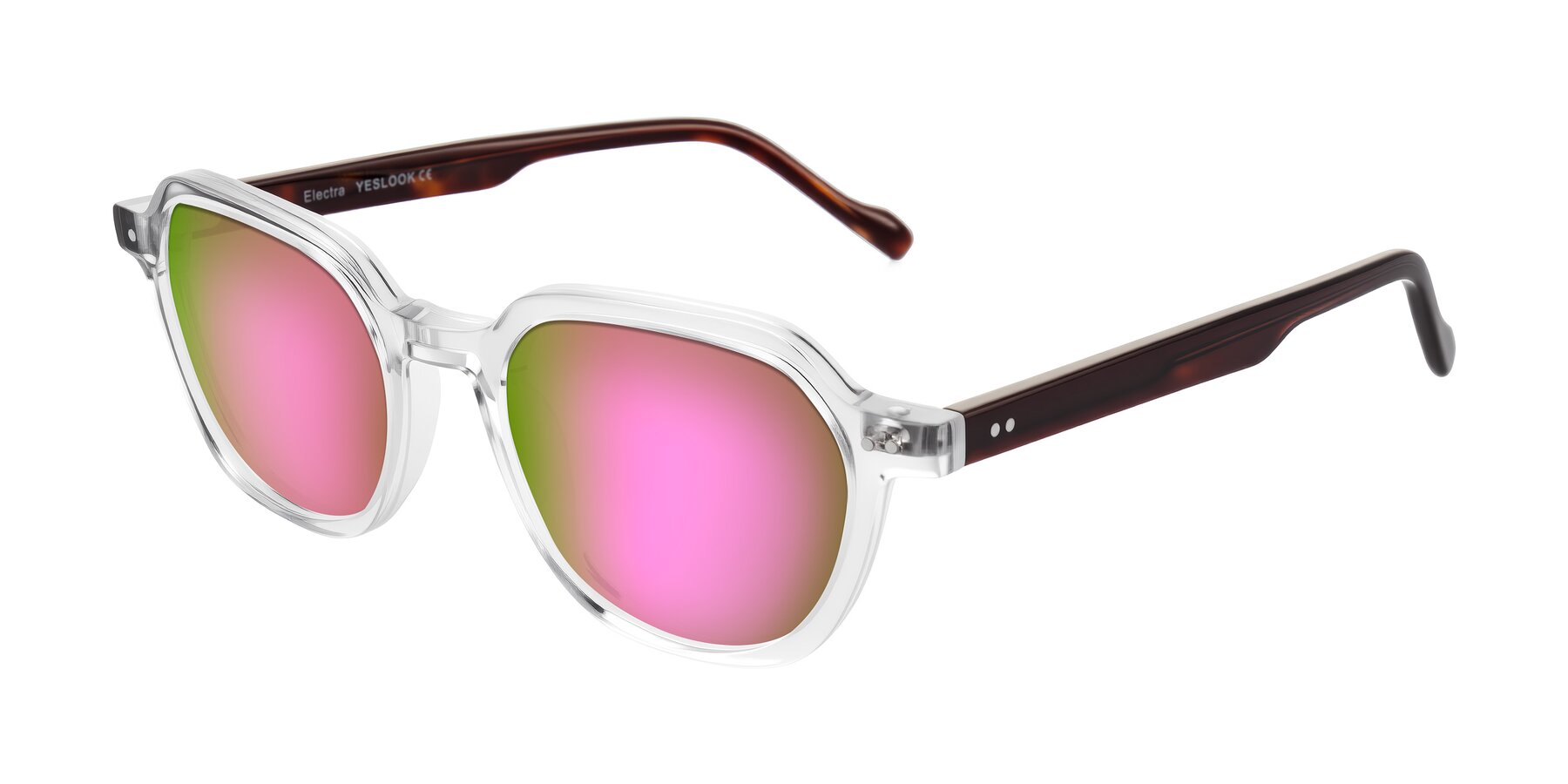 Angle of Electra in Clear/Tortoise with Pink Mirrored Lenses