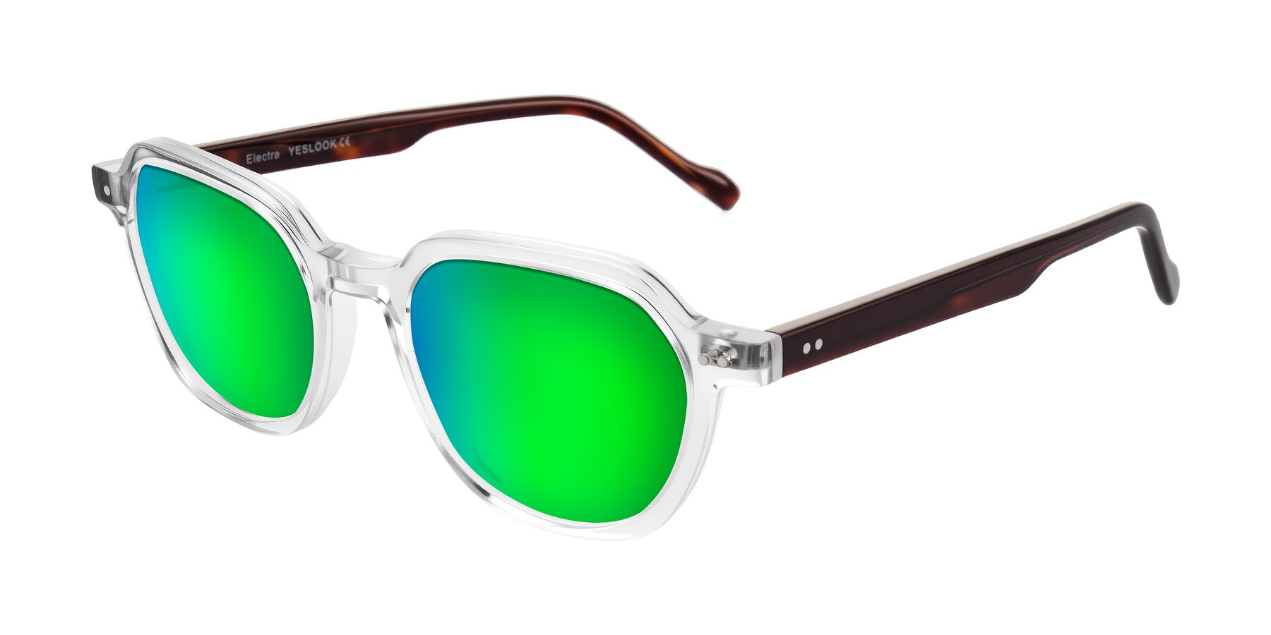 Angle of Electra in Clear/Tortoise with Green Mirrored Lenses