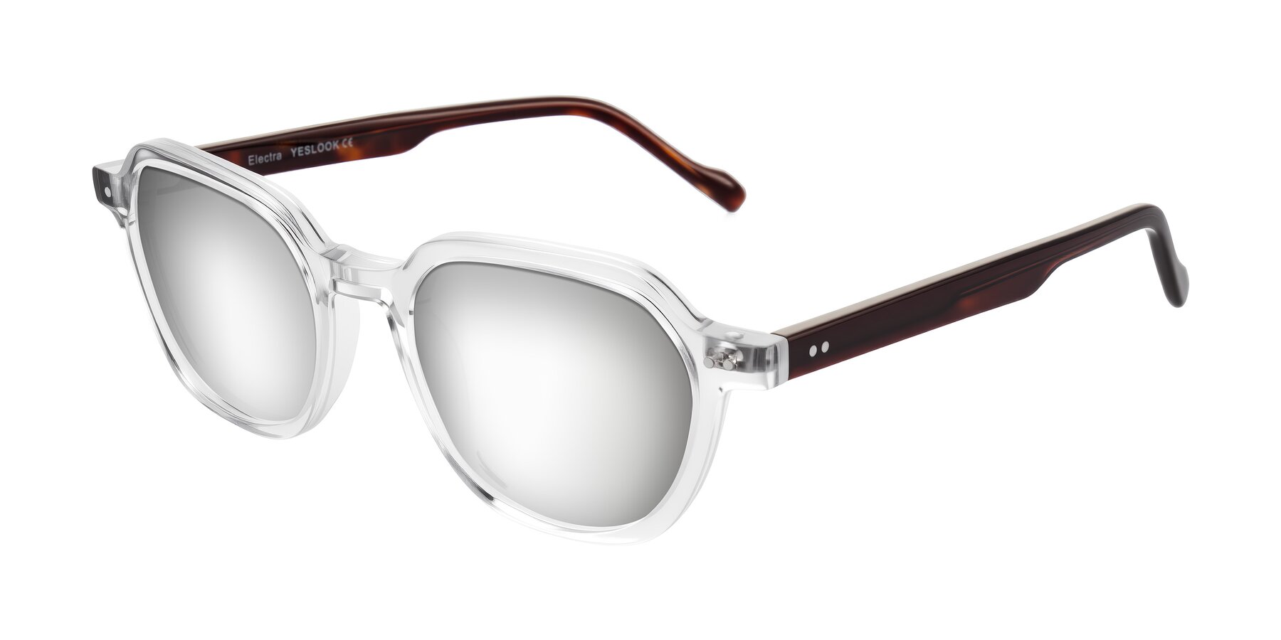 Angle of Electra in Clear/Tortoise with Silver Mirrored Lenses