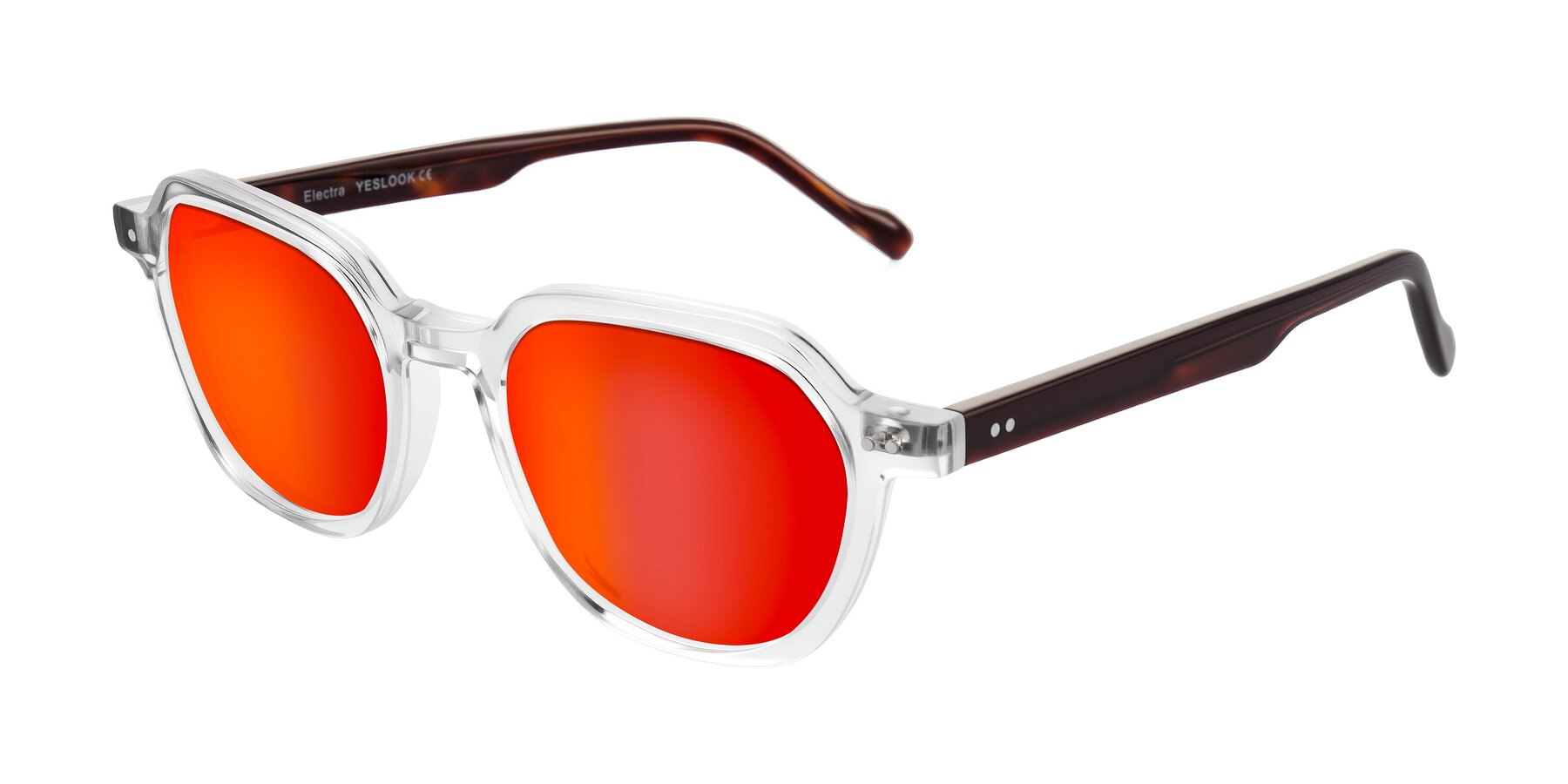 Angle of Electra in Clear/Tortoise with Red Gold Mirrored Lenses