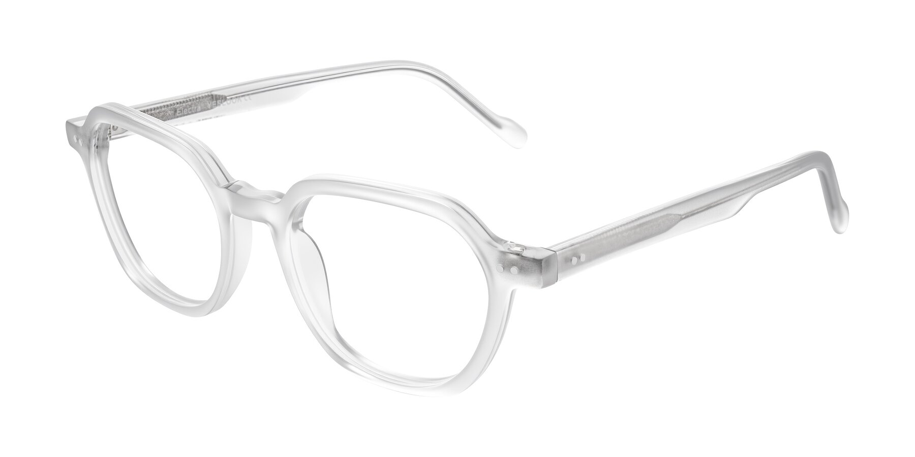 Angle of Electra in Transparent White Matte with Clear Eyeglass Lenses