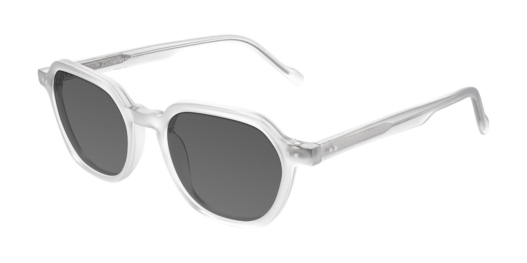 Angle of Electra in Transparent White Matte with Medium Gray Tinted Lenses