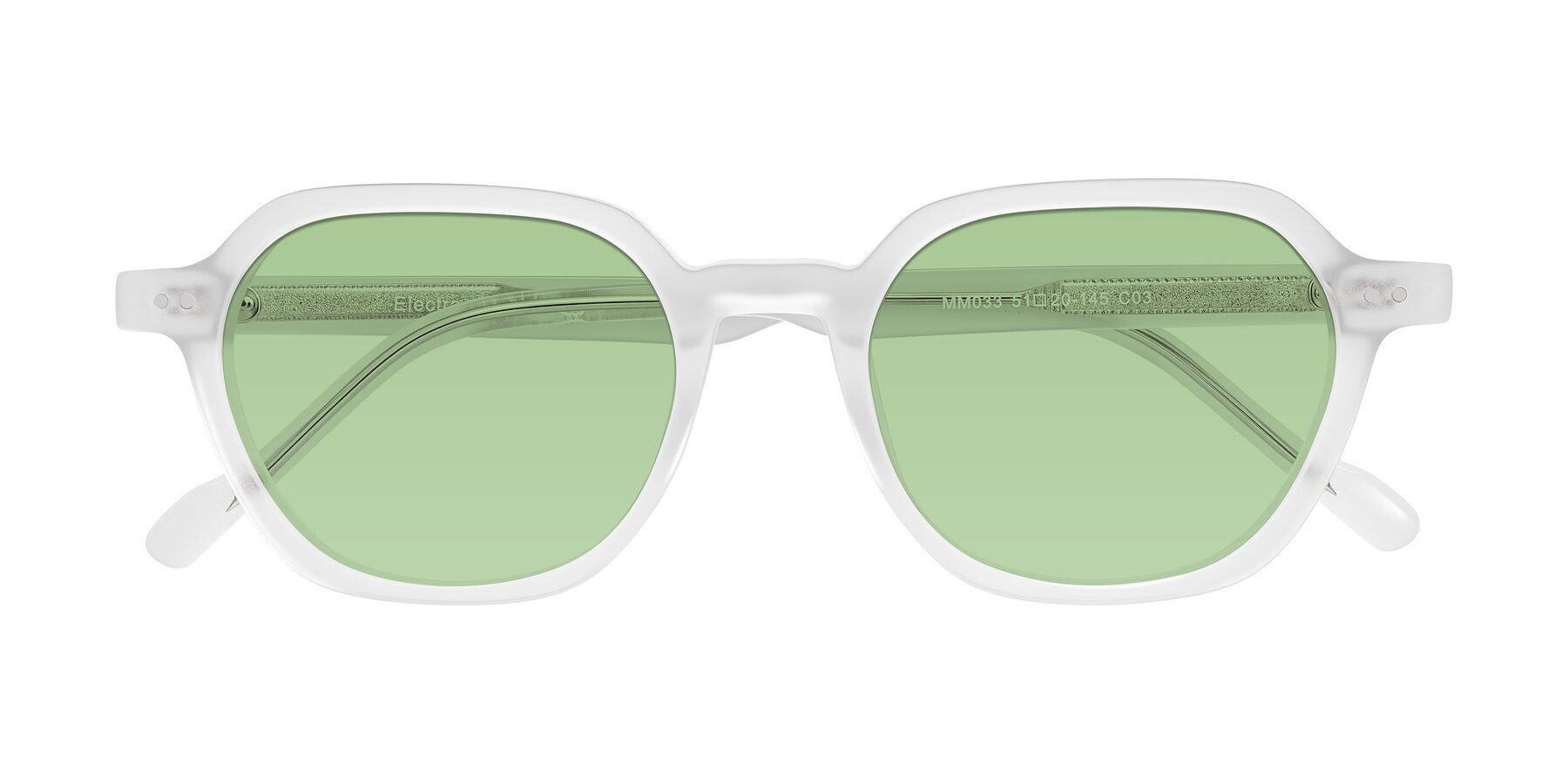 Folded Front of Electra in Transparent White Matte with Medium Green Tinted Lenses