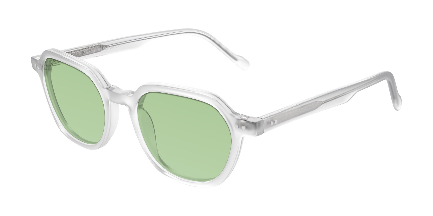 Angle of Electra in Transparent White Matte with Medium Green Tinted Lenses