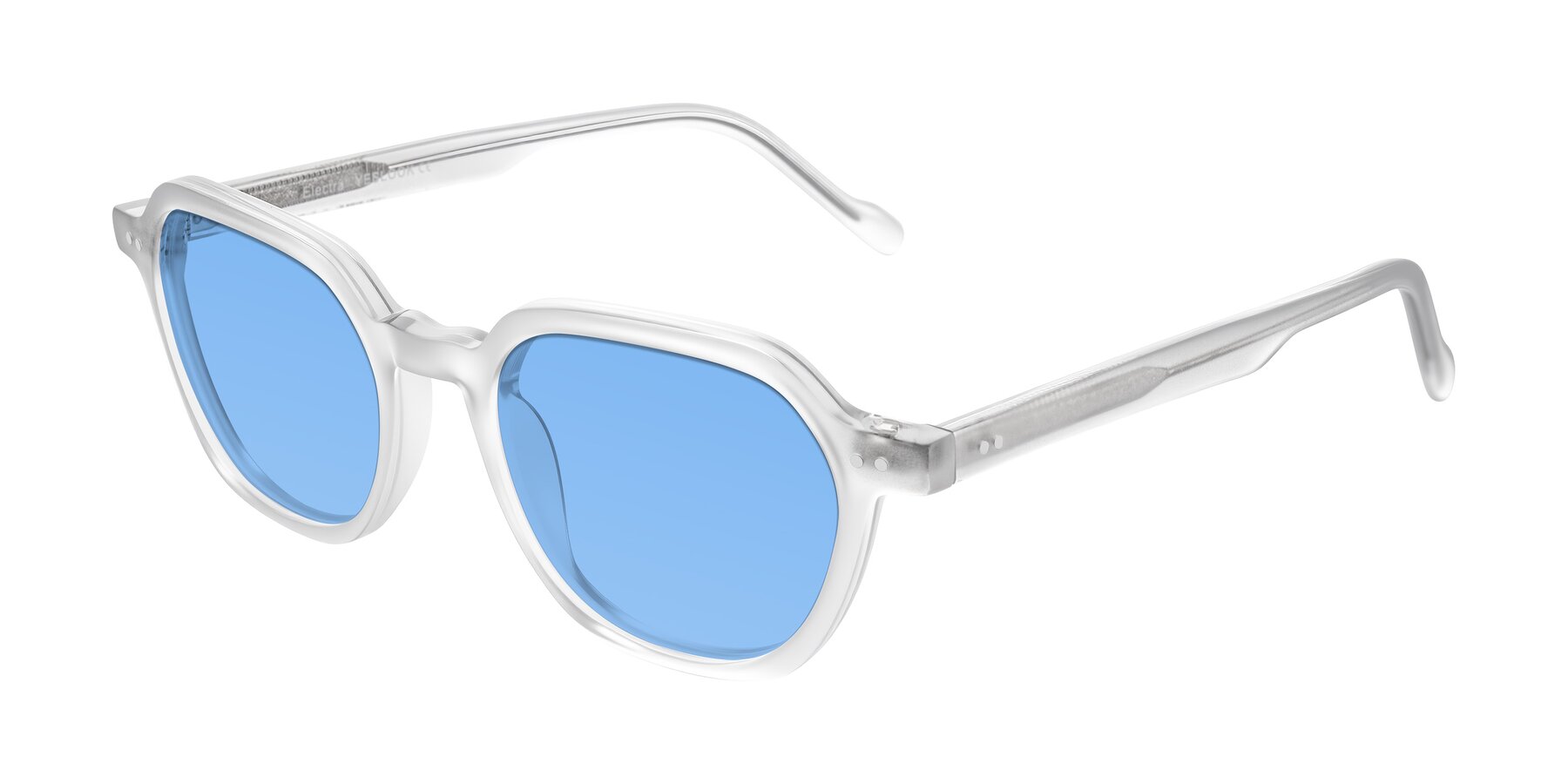 Angle of Electra in Transparent White Matte with Medium Blue Tinted Lenses