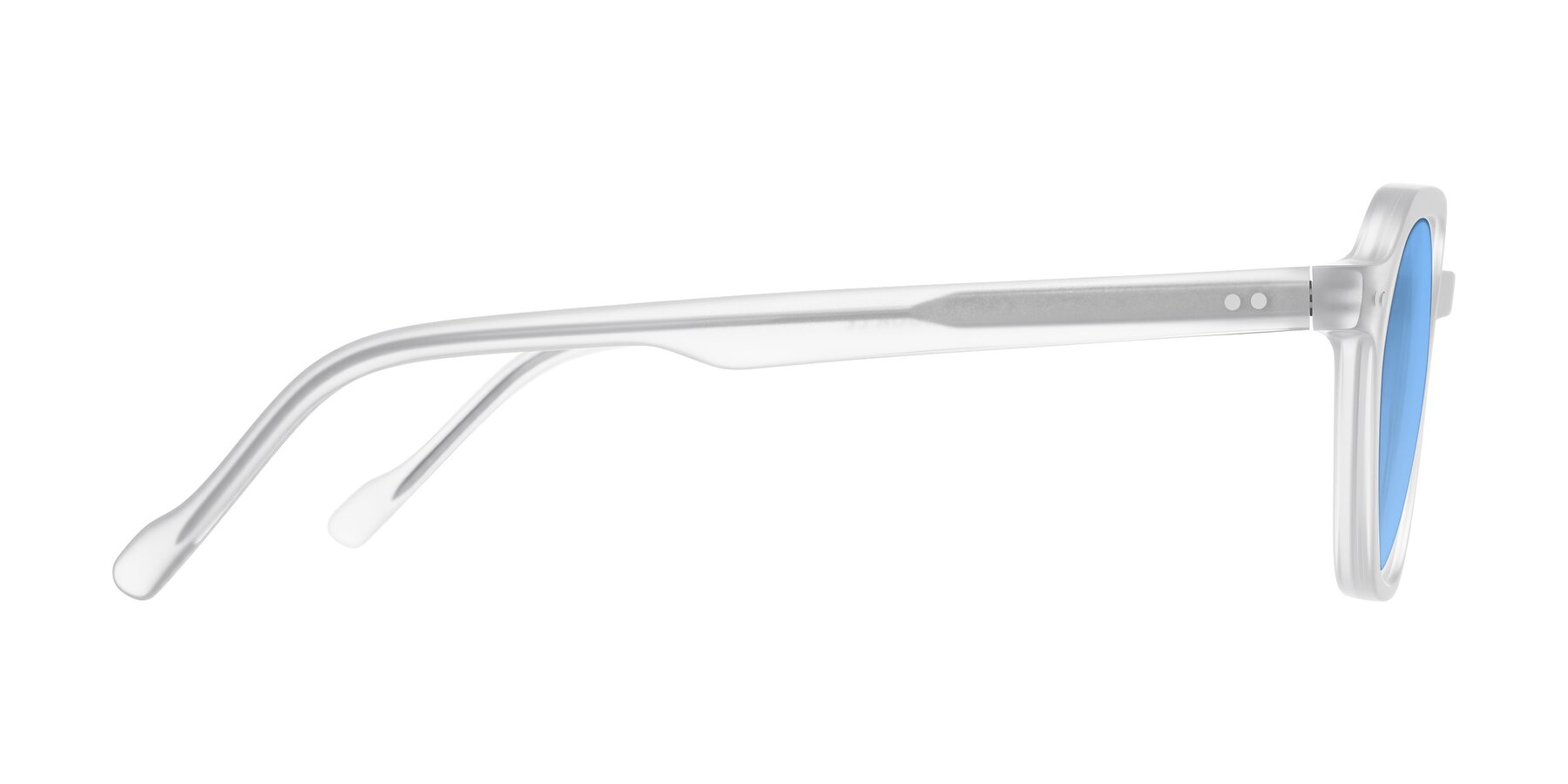 Side of Electra in Transparent White Matte with Medium Blue Tinted Lenses