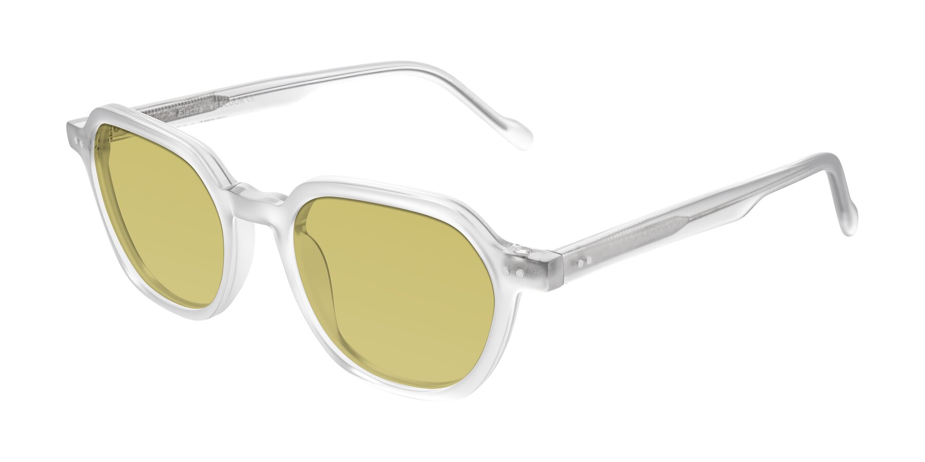 Angle of Electra in Transparent White Matte with Medium Champagne Tinted Lenses